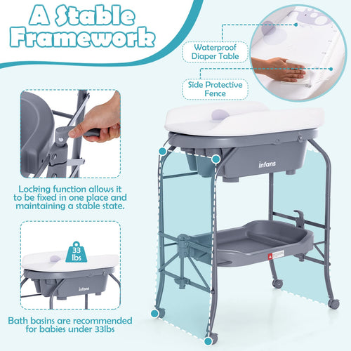 INFANS 2 in 1 Baby Changing Table with Bath Tub Unit, Folding Diaper Dresser Station with Wheels Waterproof