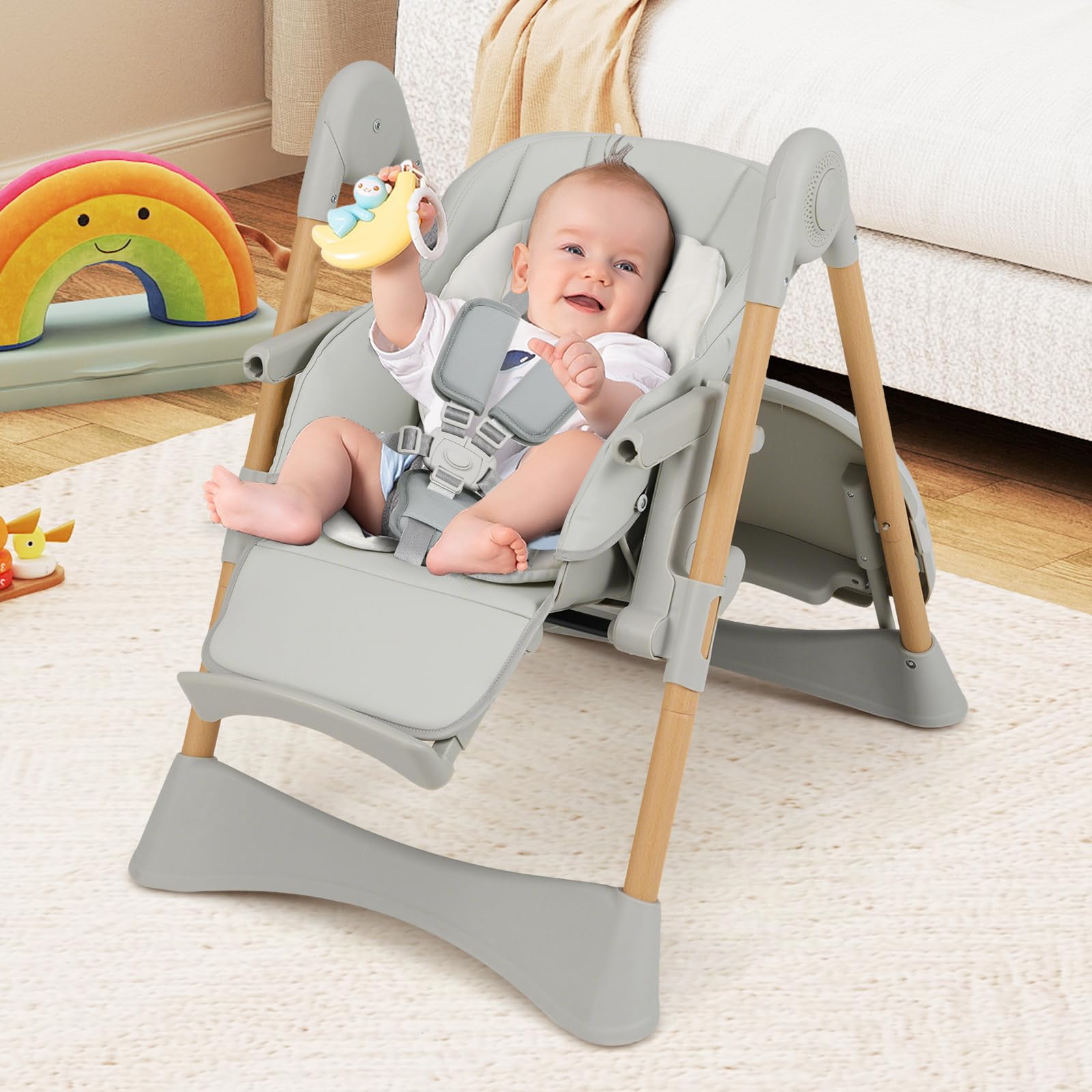 INFANS Baby High Chair, High Chairs for Babies & Toddlers with Adjustable Height Backrest Footrest Removable Tray, Easy to Clean PU Seat Convertible Quick Folding Portable Highchair