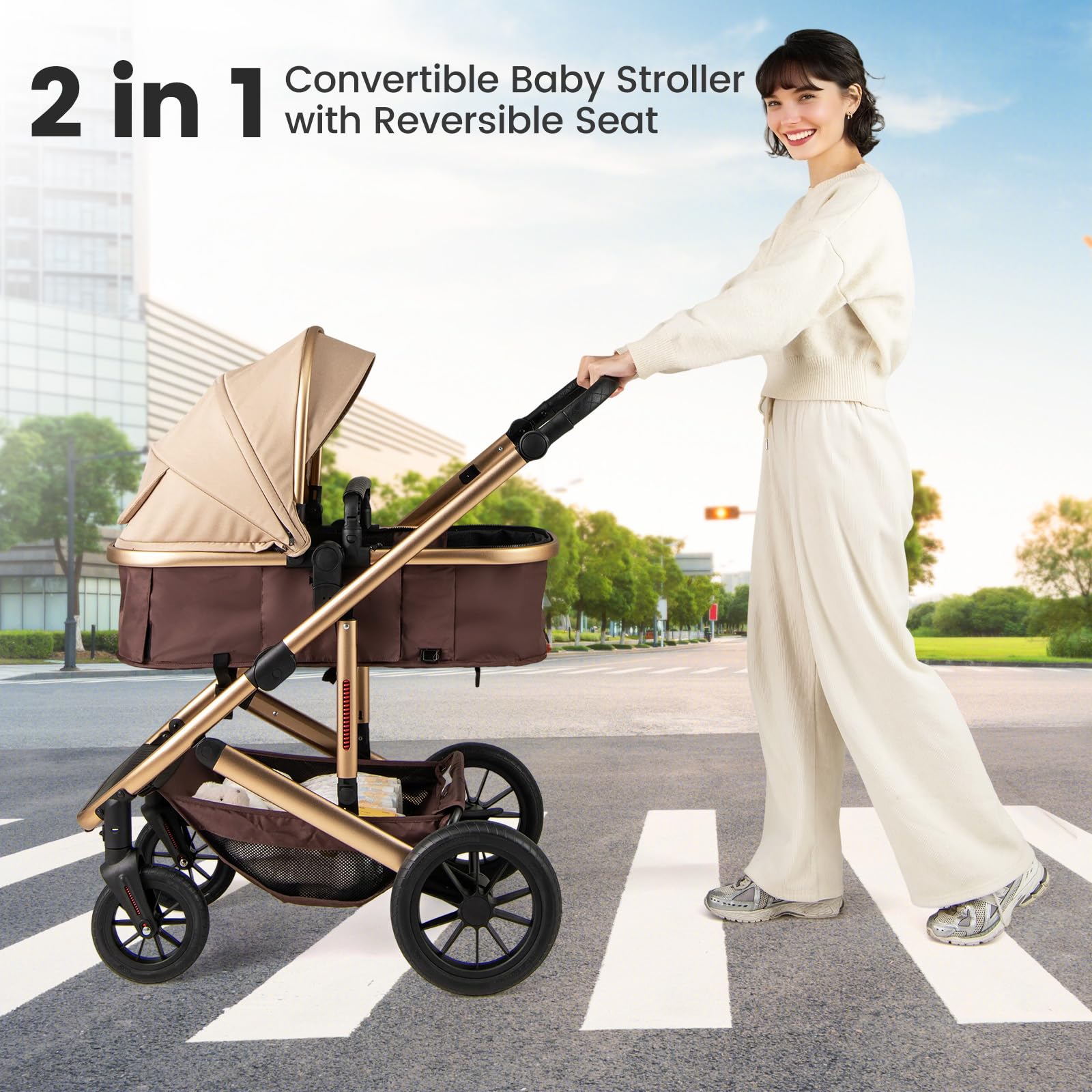 INFANS 2 in 1 Baby Stroller, Folding Newborn Pram Convertible Stroller High Landscape Shock Absorption