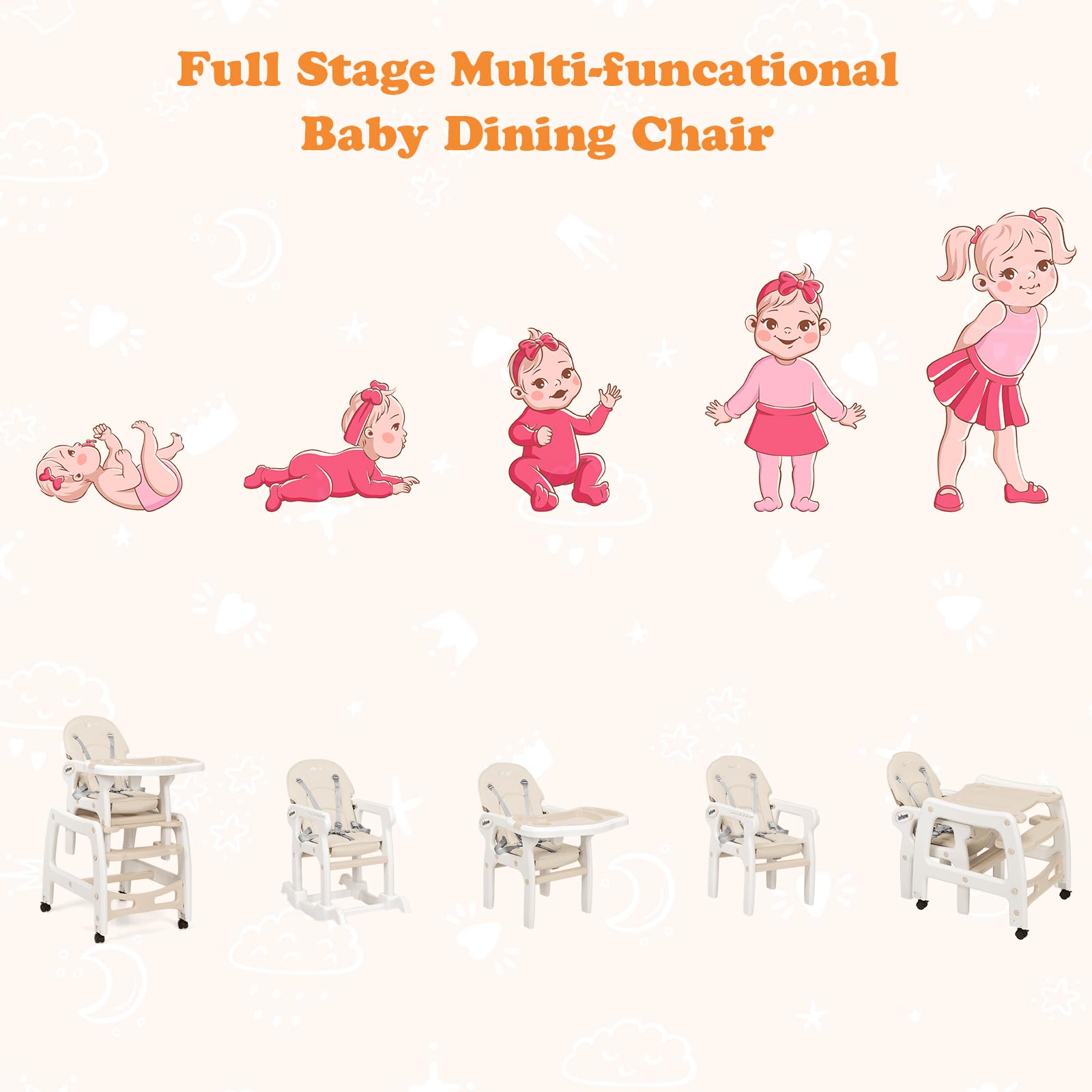 INFANS 5 in 1 Baby High Chair, Convertible Toddler Table Chair Set,  Multi-Function Seat with Lockable Universal Wheels