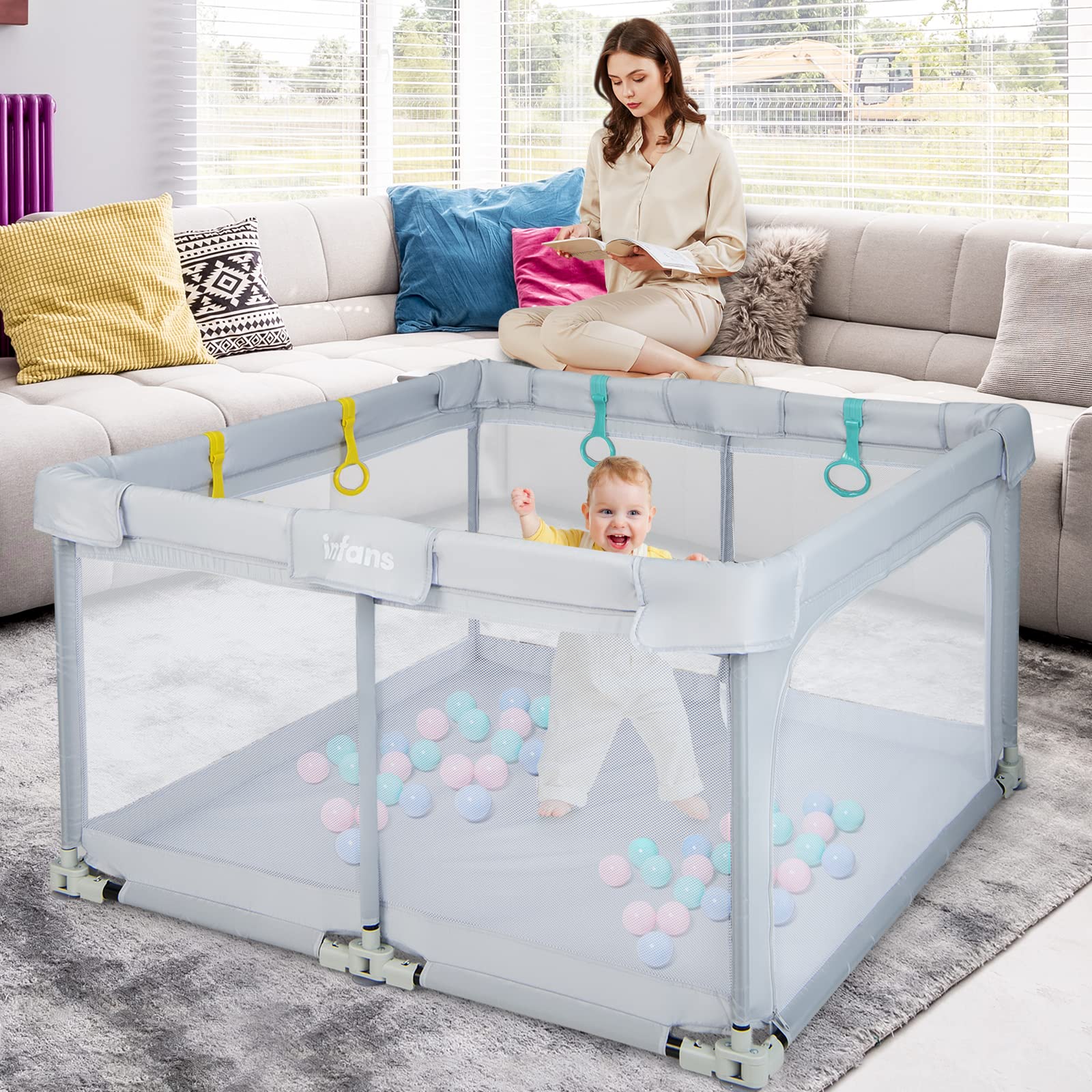 INFANS Baby Playpen, 50’’x50’’ Foldable Large Baby Playard, Indoor Outdoor Kids Activity Center Baby Fence