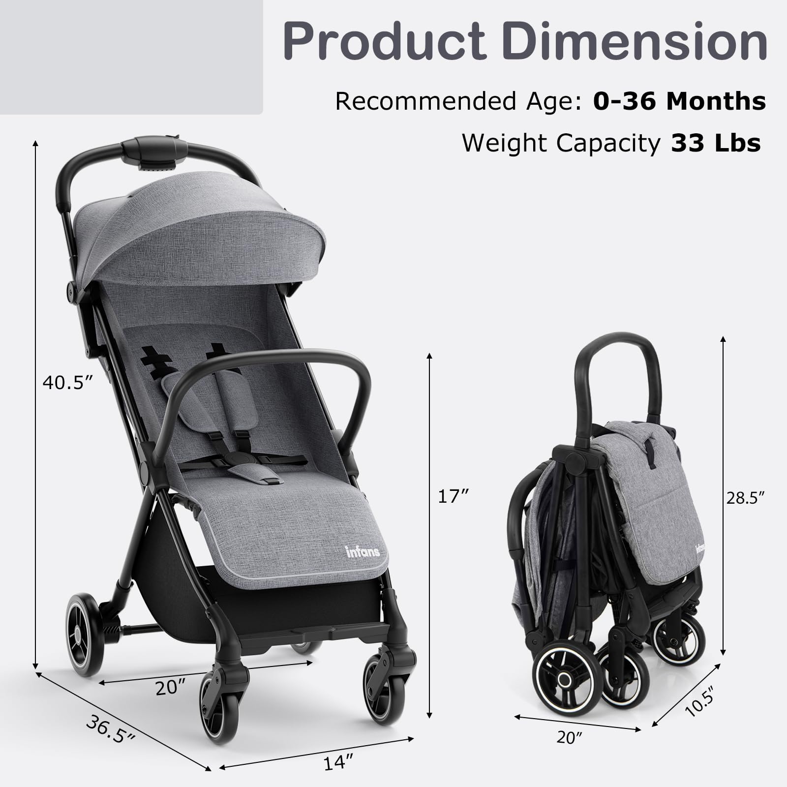 INFANS Lightweight Baby Stroller, One-Hand Gravity Fold, Compact Travel Stroller for Airplane