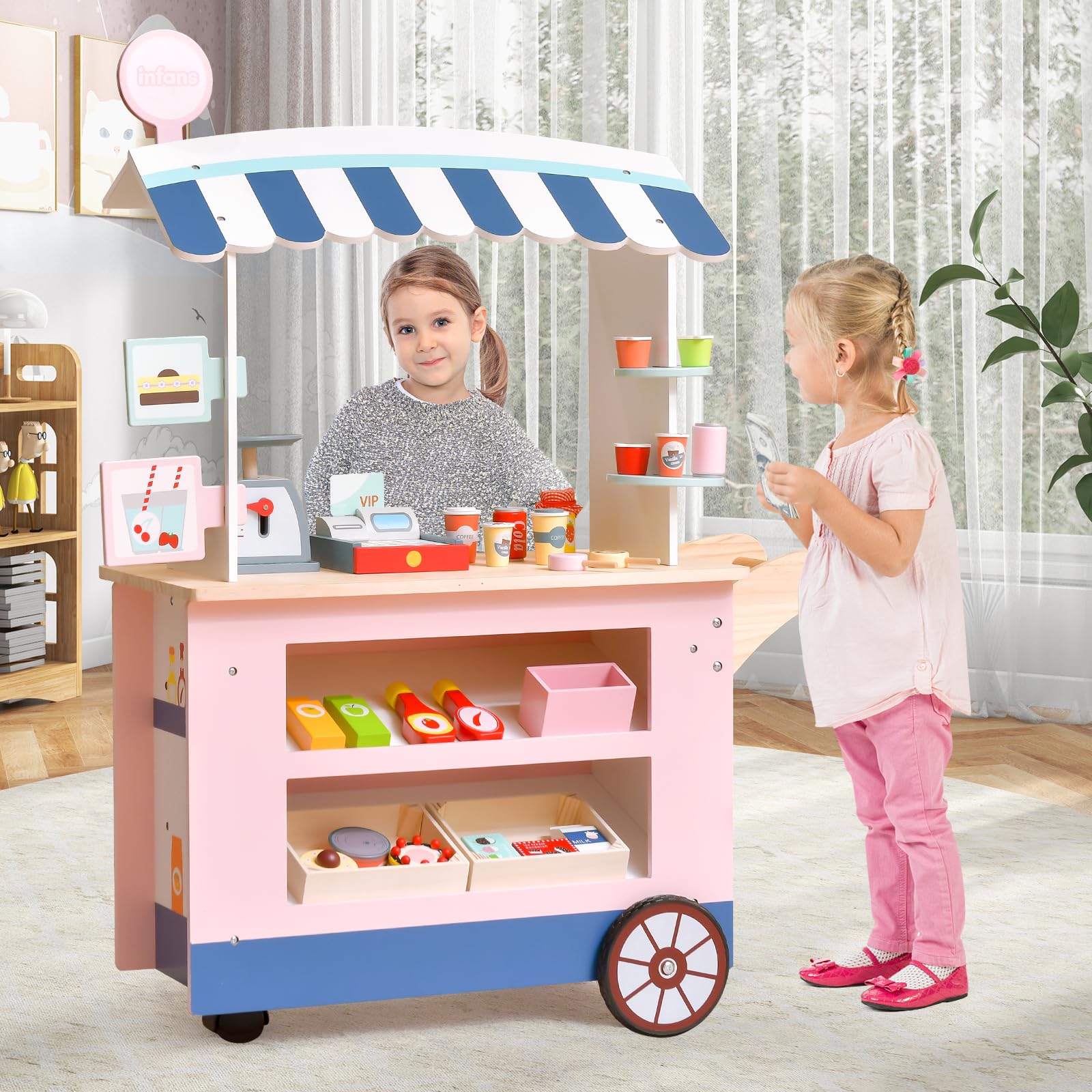 OLAKIDS Wooden Grocery Store Marketplace Toy, Supermarket Pretend Play, Fun Indoor Farmer's Market Stand Set