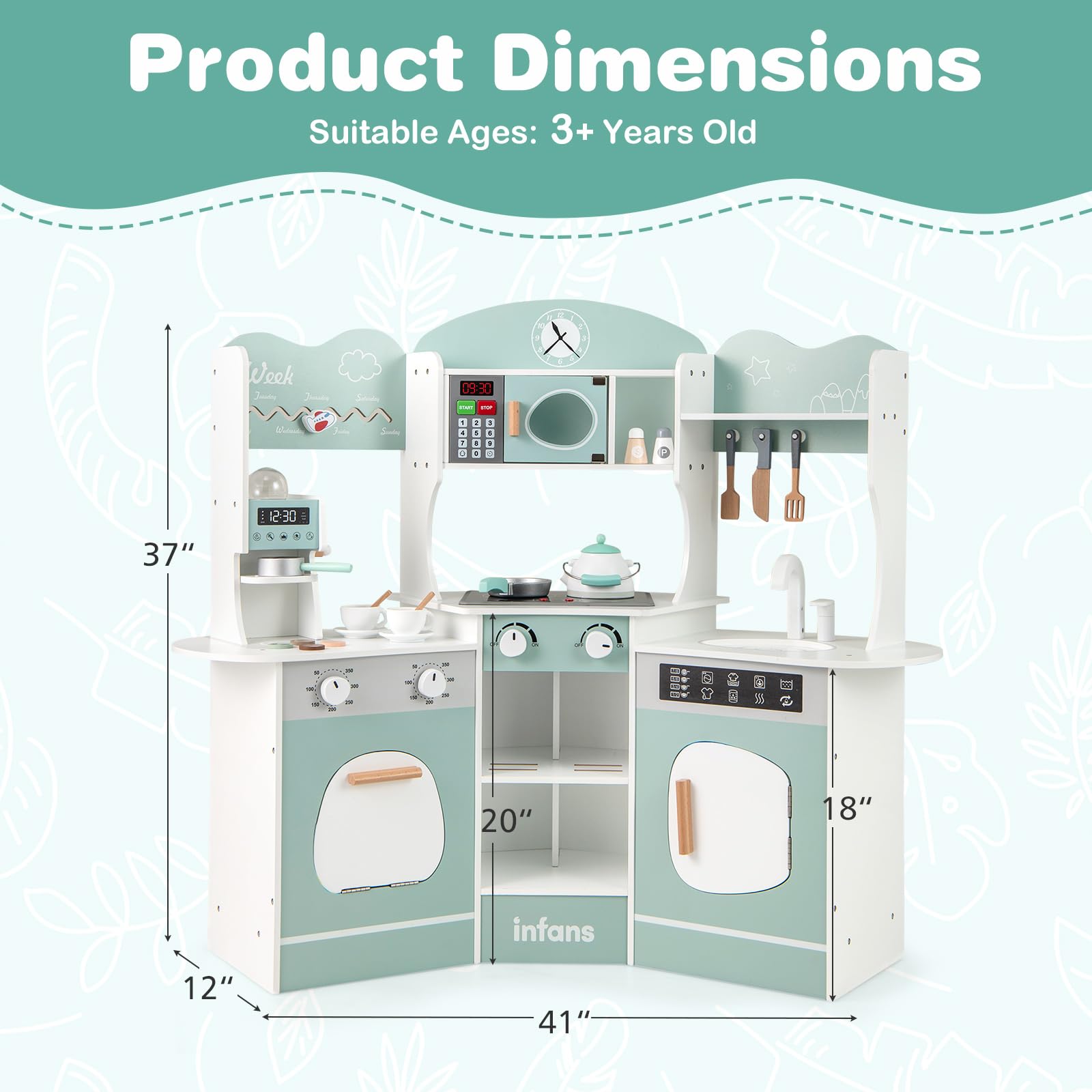 OLAKIDS Corner Kids Kitchen Playset, Toddler Wooden Pretend Cooking Set