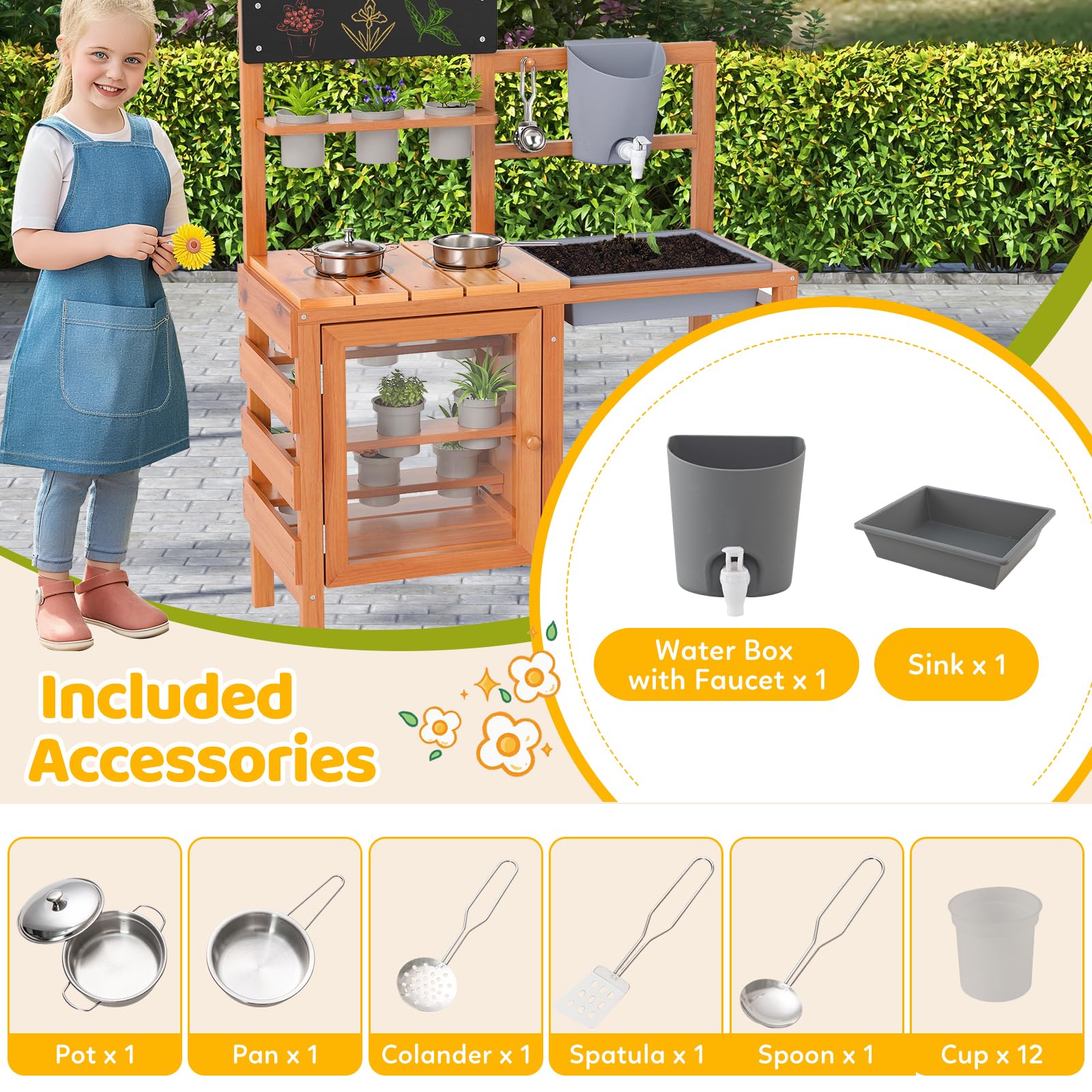 OLAKIDS Mud Kitchen for Kids Outdoor, Wooden Toddler Play Kitchen