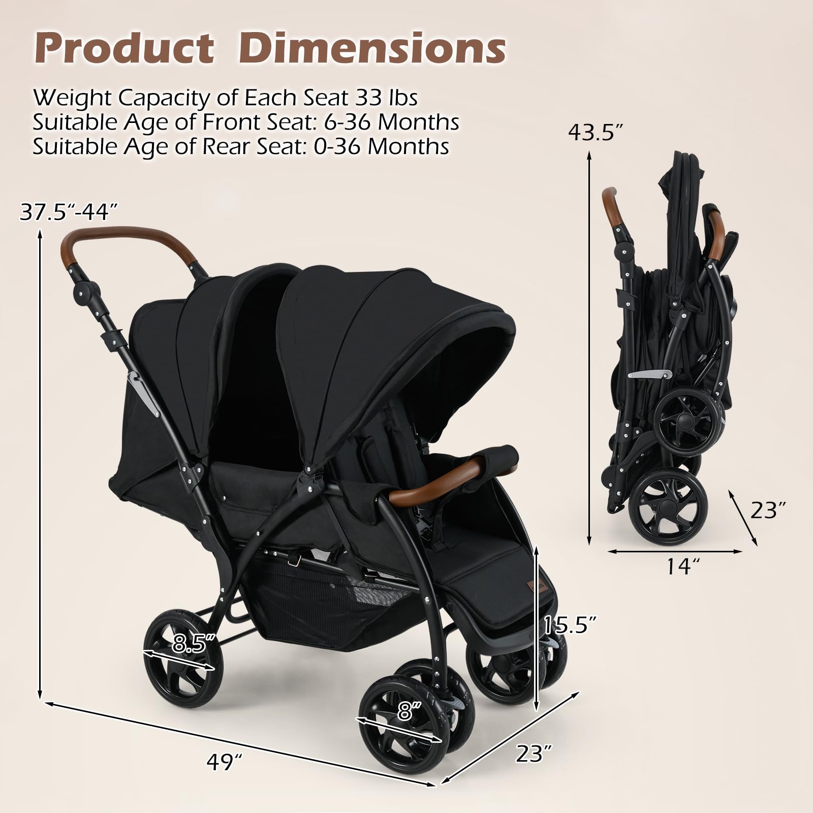 INFANS Double Stroller, Foldable Baby Tandem Stroller with Djustable Backrest Canopy Footrest