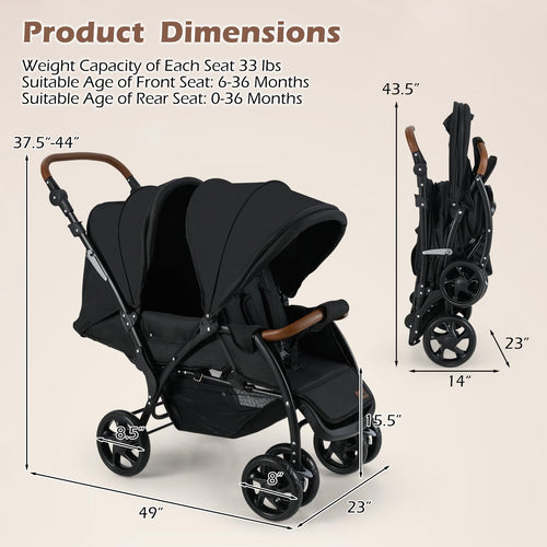 INFANS Double Stroller, Foldable Baby Tandem Stroller with Djustable Backrest Canopy Footrest