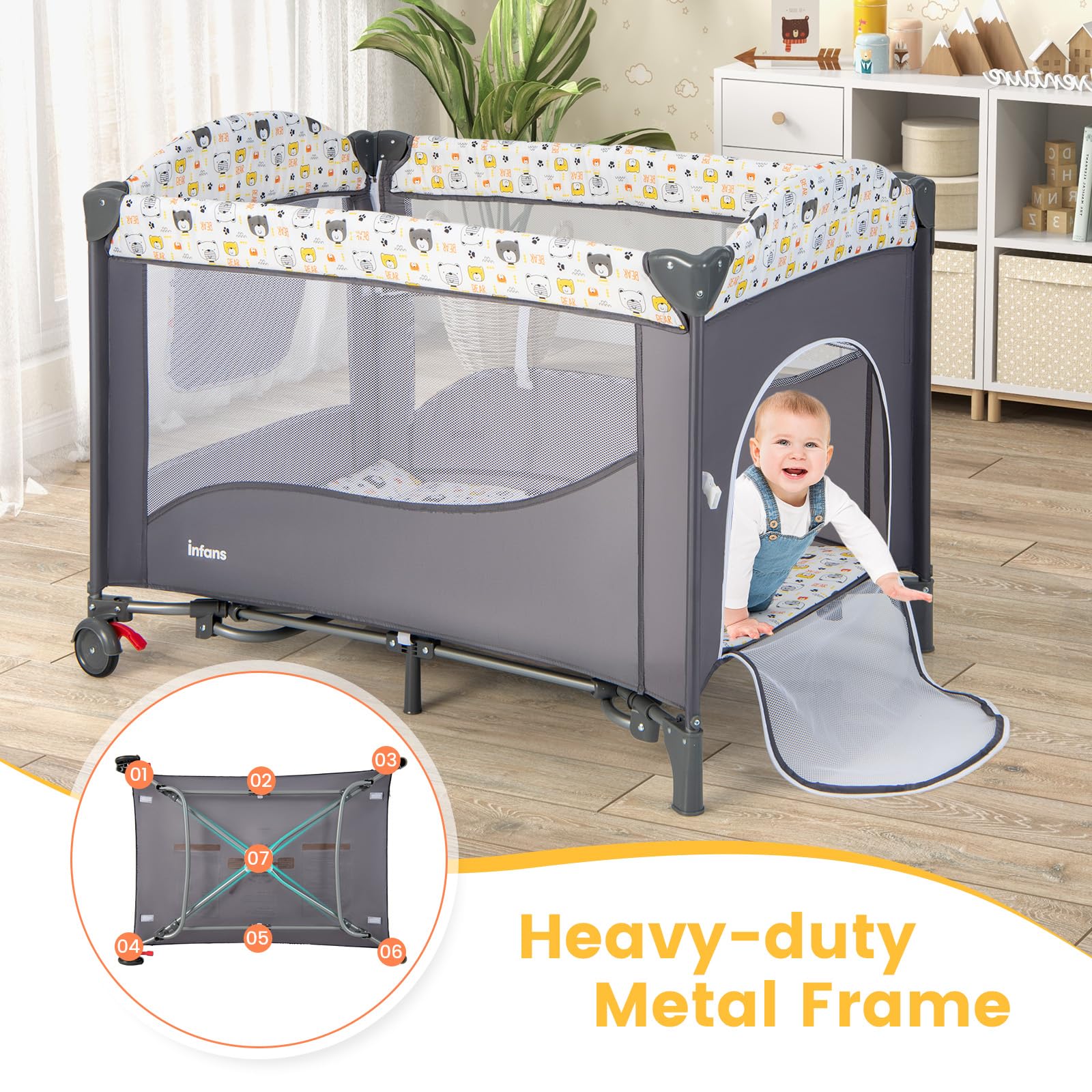 INFANS 5 in 1 Portable Playard, Larger Size Baby Bassinet Bedside Sleeper, Diaper Changer, Foldable Bedside Crib