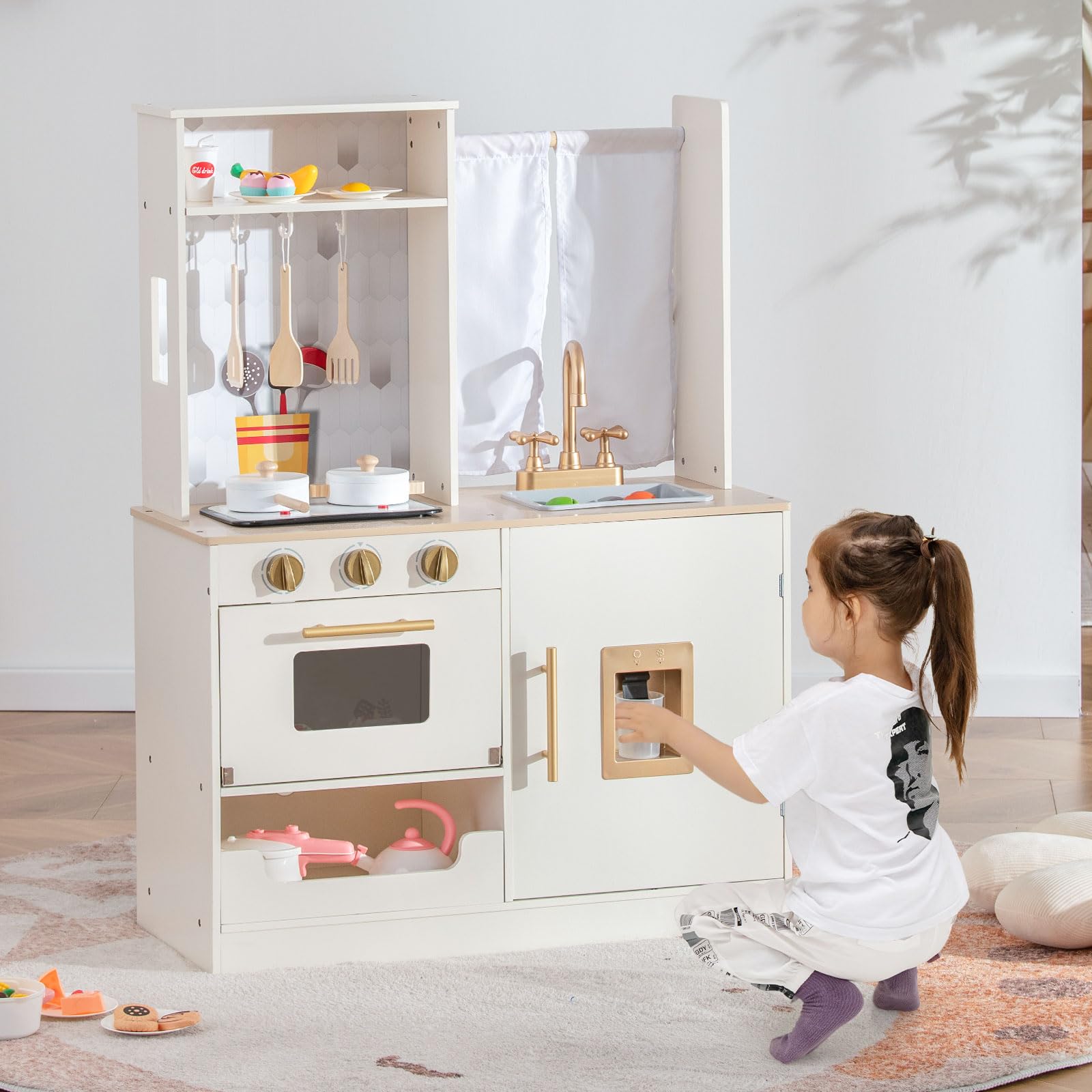 OLAKIDS Kids Kitchen Playset, Toddler Wooden Pretend Cooking Set Microwave, Simulation Play Kitchen Toy for Children