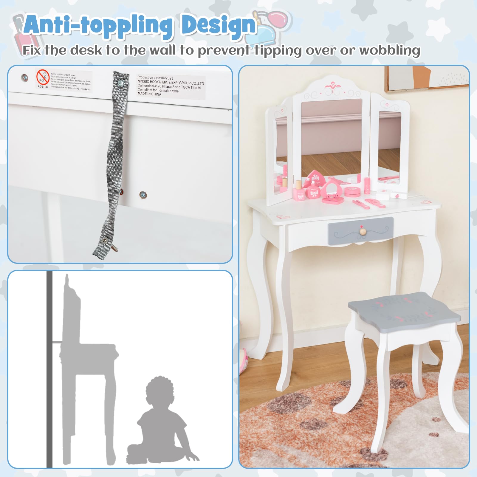 OLAKIDS Kids Vanity, 2 in 1 Princess Makeup Desk Set, Wooden Dressing Table, Pretend Play Vanity Set