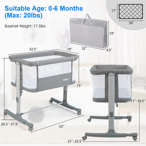 INFANS 3 in 1 Baby Bassinets, Bedside Sleeping for Newborn, Folding Crib with Mattress, Easy to Assemble Cradle