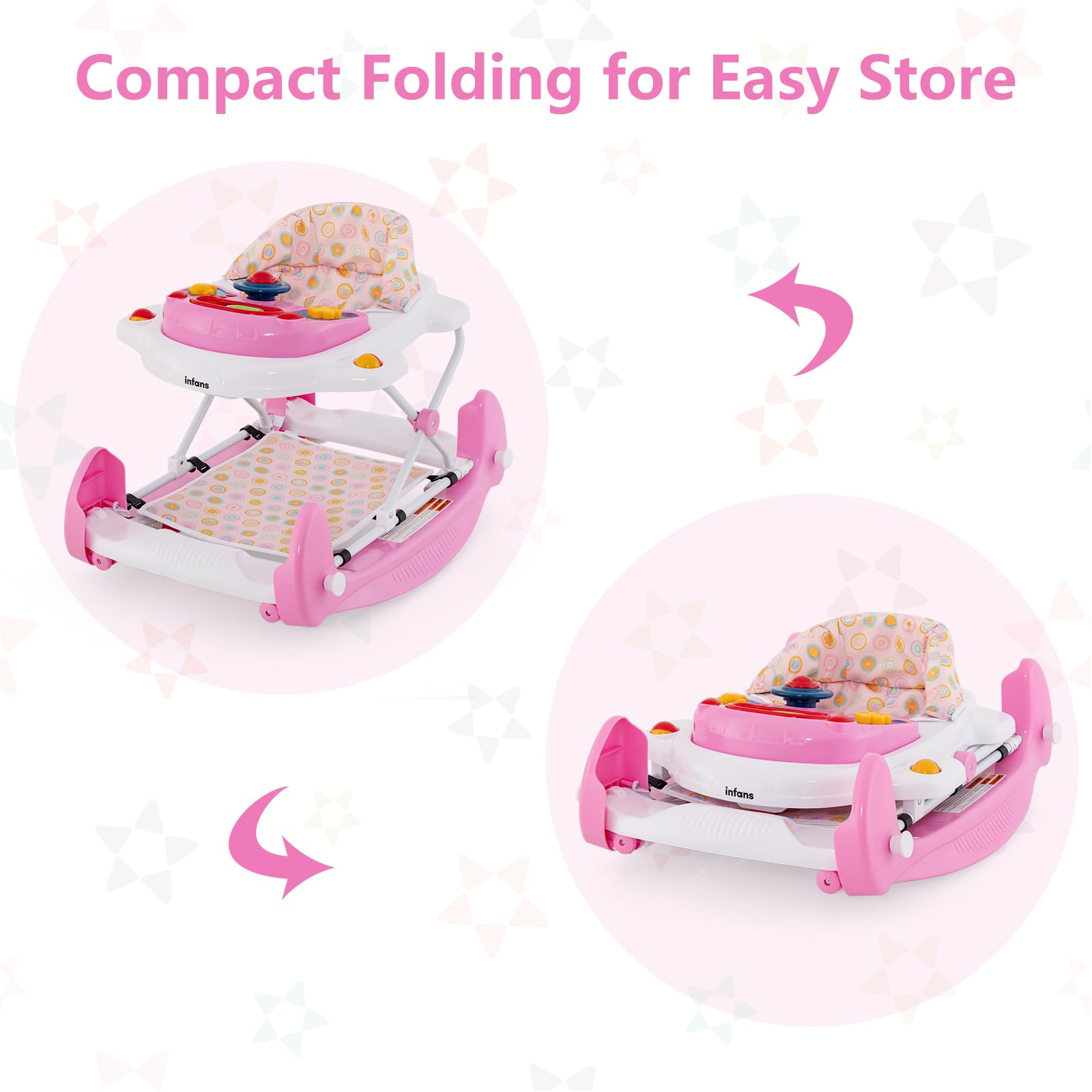INFANS Baby Walker, 5 in 1 Behind Walker Learning Seated Rocker Bouncer with Removable Music Tray, Adjustable Height