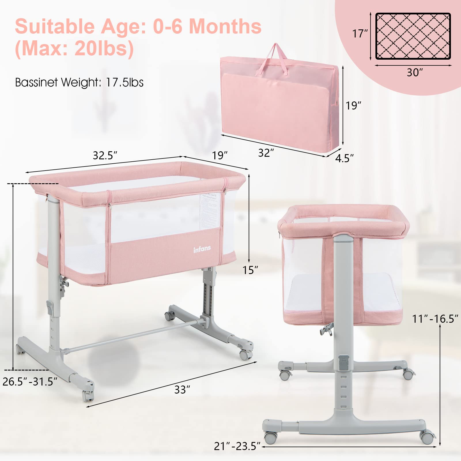 INFANS 3 in 1 Baby Bassinets, Bedside Sleeping for Newborn, Folding Crib with Mattress, Easy to Assemble Cradle