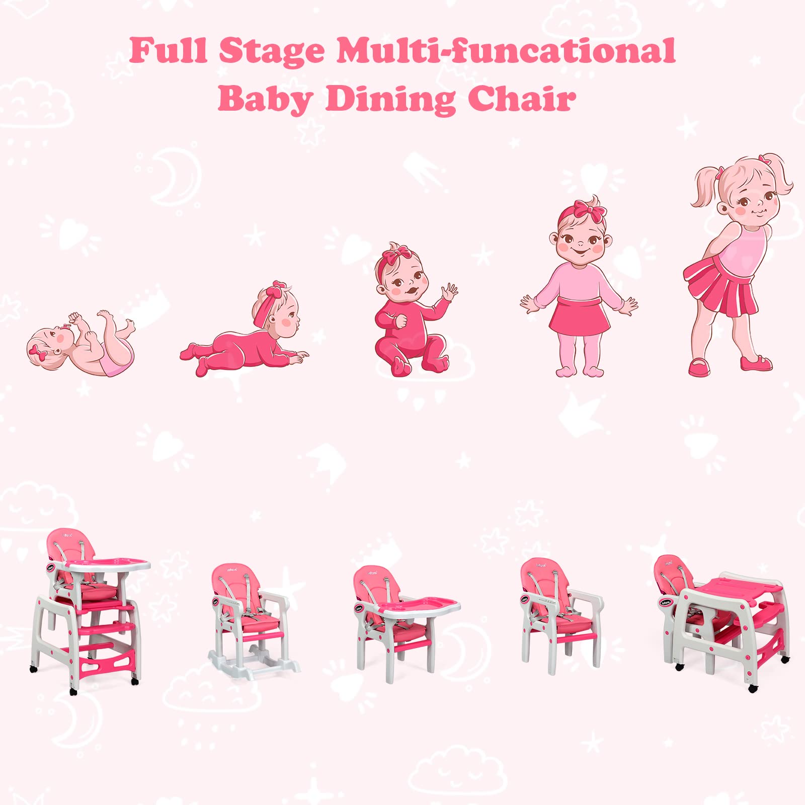 INFANS 5 in 1 Baby High Chair, Convertible Toddler Table Chair Set,  Multi-Function Seat with Lockable Universal Wheels