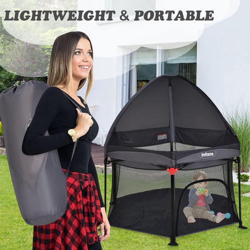 INFANS Baby Playpen with Removable Mesh & UV Canopy, 53" Portable Playhouse with Carry Bag, Easy Folding Playard Activity Center