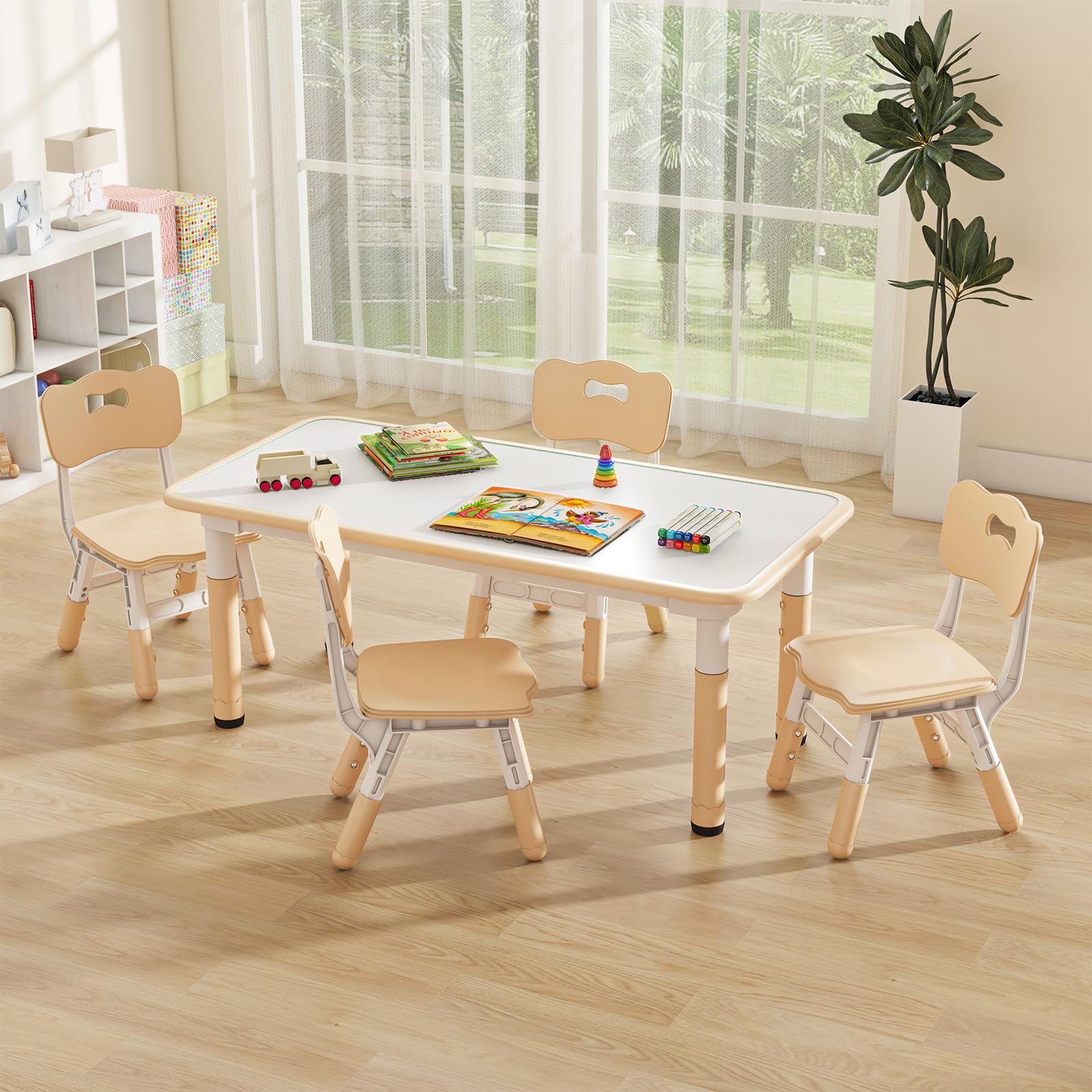 OLAKIDS Kids Table and Chiar Set, Height Adjustable Toddler Desk and 4 Chairs