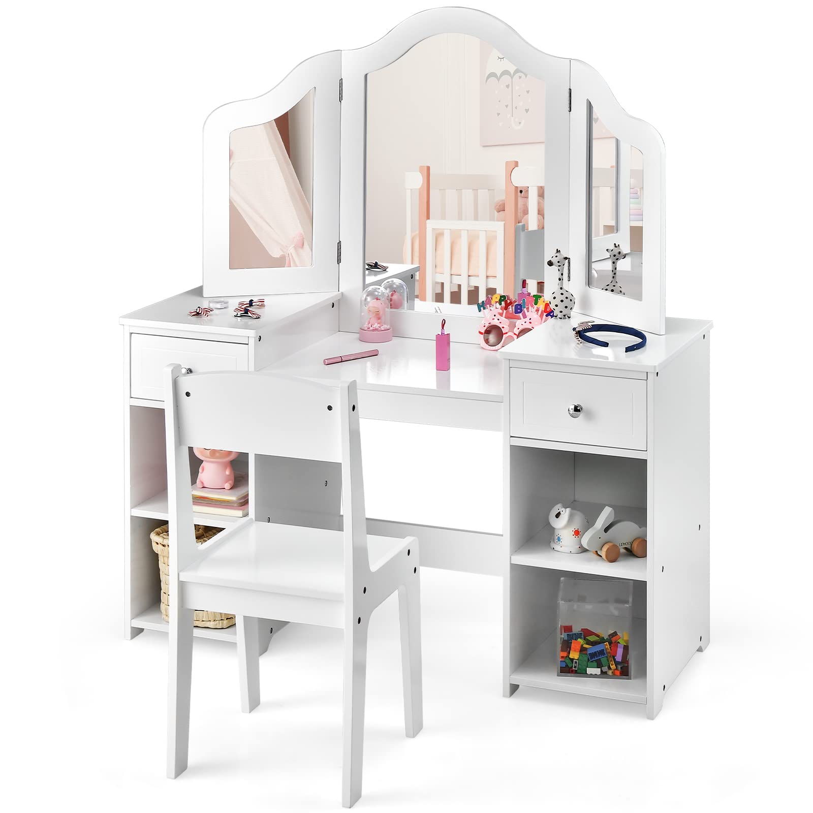 OLAKIDS Kids Vanity, 2 in 1 Princess Makeup Desk and Chair Set