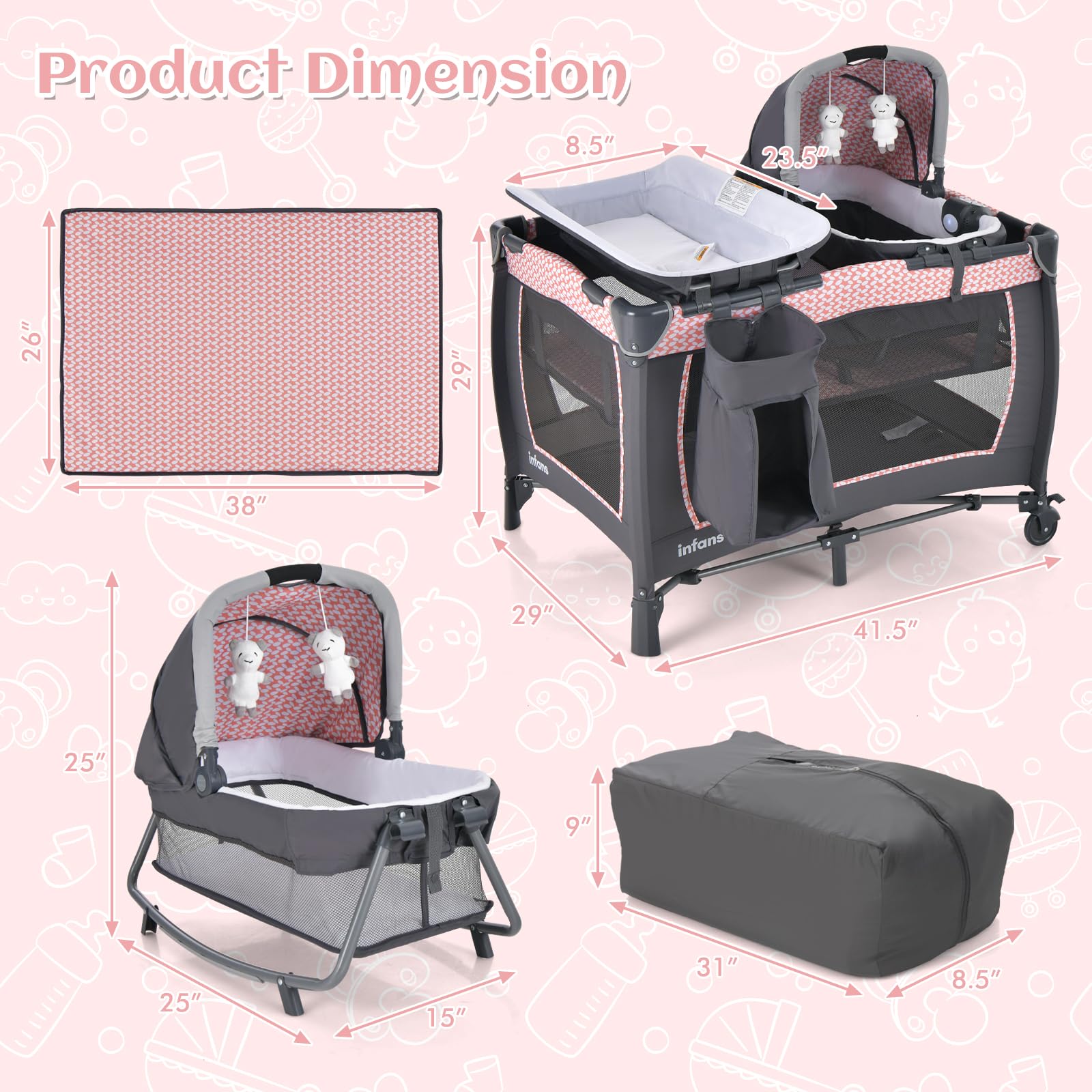 INFANS 4 in 1 Pack and Play, Portable Baby Kid Infant, Travel Playard with Bassinet, Mattress, Diaper Changer
