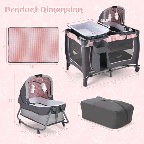 INFANS 4 in 1 Pack and Play, Portable Baby Kid Infant, Travel Playard with Bassinet, Mattress, Diaper Changer