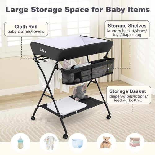 INFANS Baby Changing Table with Wheels, Portable Folding Diaper Station Nursery Organizer with Adjustable Height