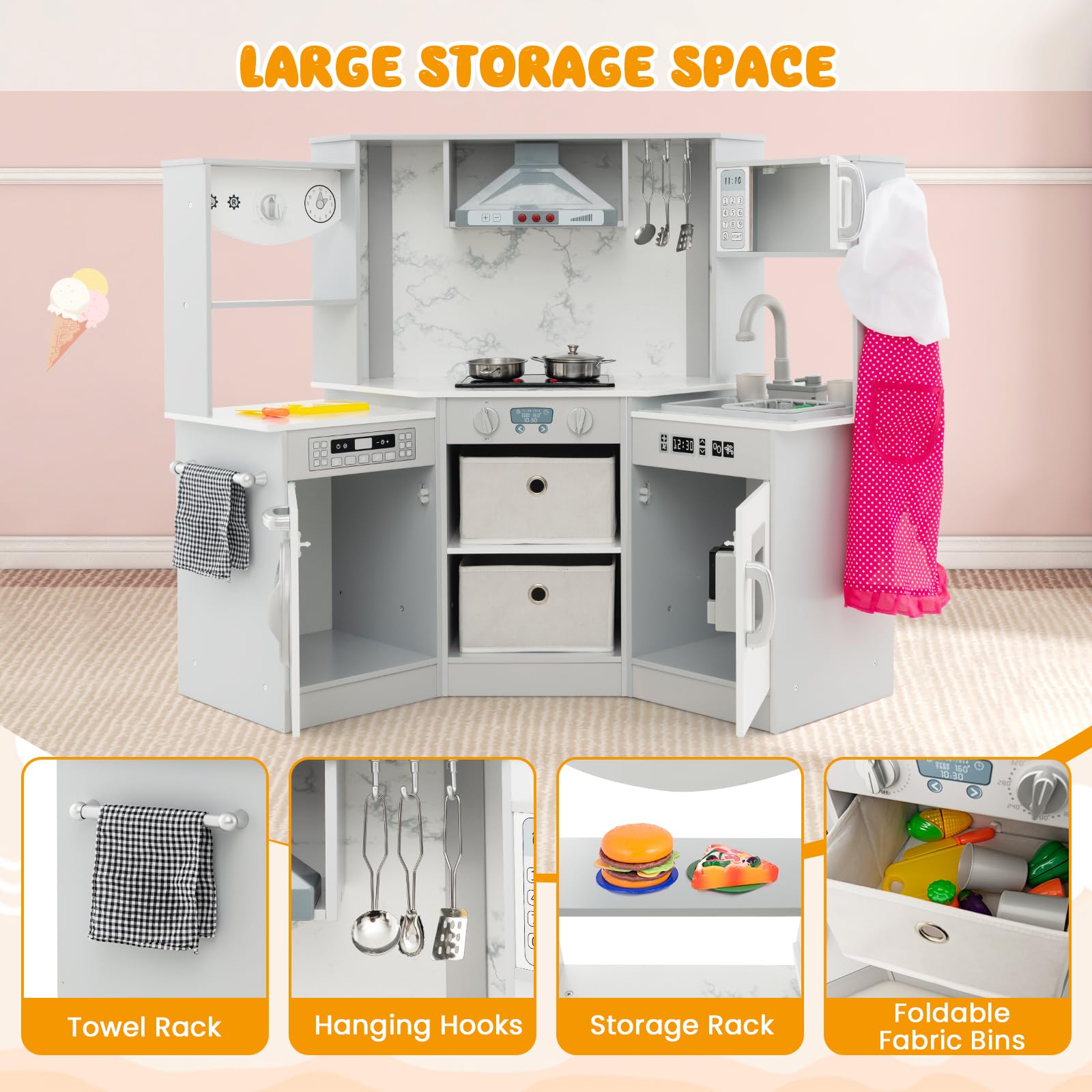 OLAKIDS Corner Kids Kitchen Playset, Toddler Wooden Pretend Cooking Set, Simulation Play Kitchen Toy