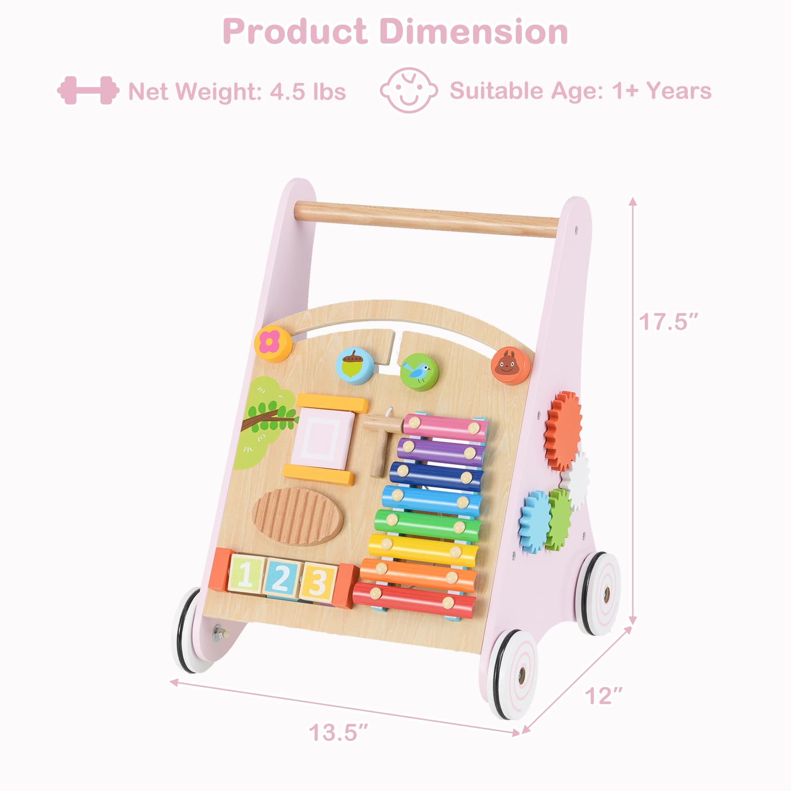 INFANS Wooden Baby Walker, Montessori Walker with Multiple Activity Toys, Push Walker Toys for Infant Learning to Walk
