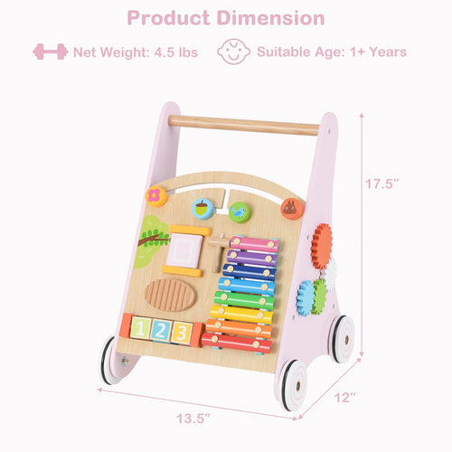 INFANS Wooden Baby Walker, Montessori Walker with Multiple Activity Toys, Push Walker Toys for Infant Learning to Walk