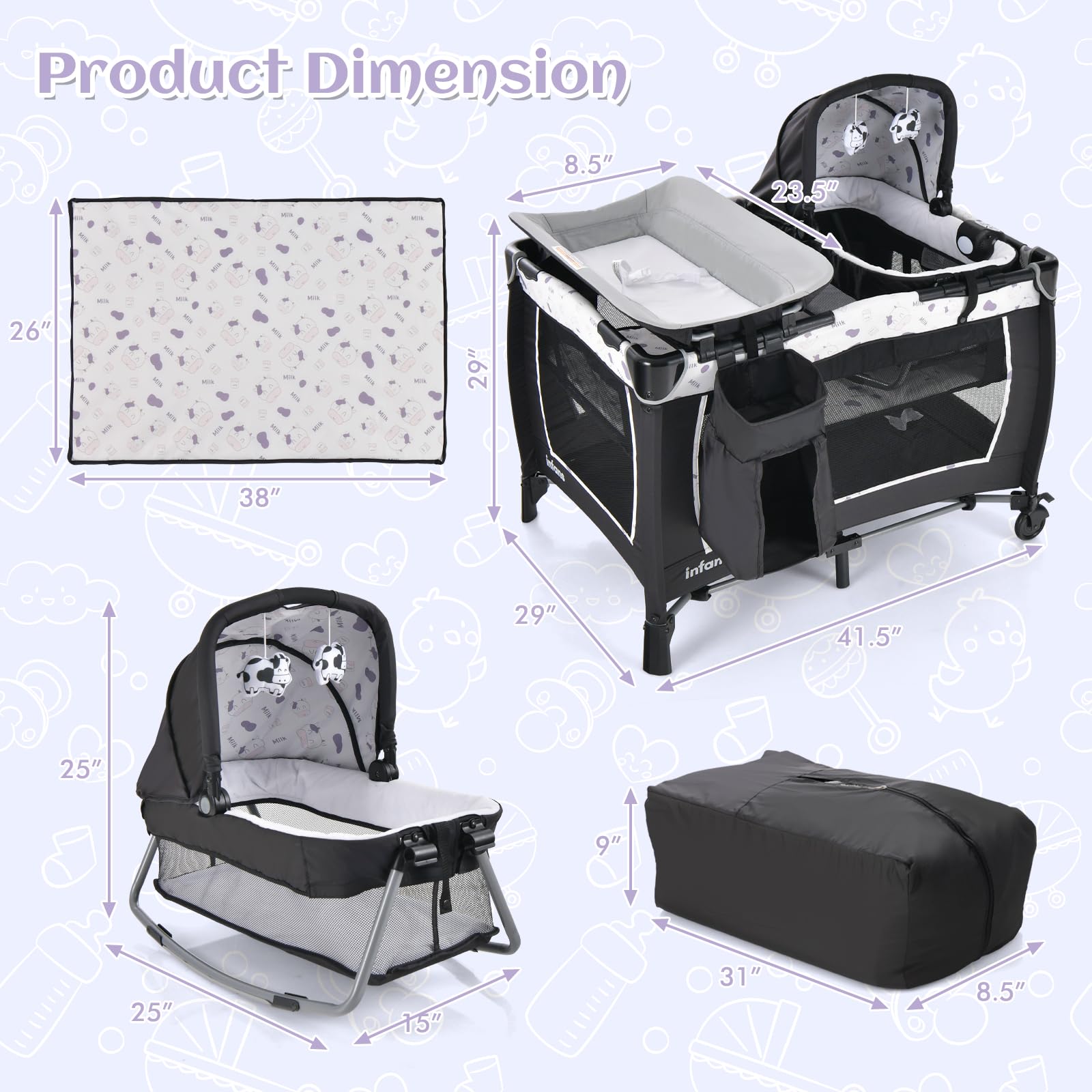 INFANS 4 in 1 Pack and Play, Portable Baby Kid Infant, Travel Playard with Bassinet, Mattress, Diaper Changer
