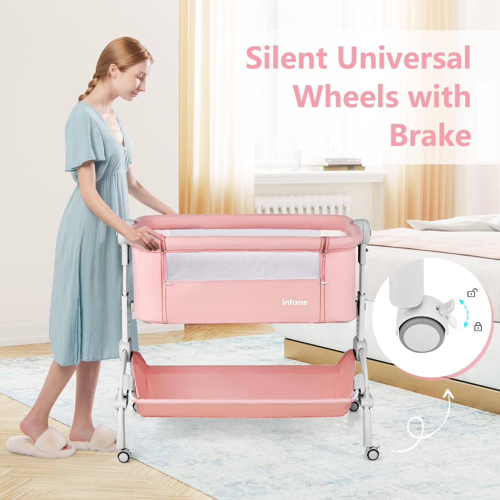 INFANS 3 in 1 Baby Bassinet, Bedside Sleeping, Rocking Cradle, Easy Folding Portable Safer Co-Sleeping Crib with Storage Basket