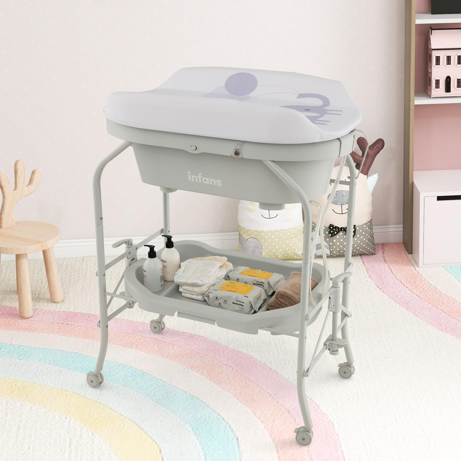 INFANS 2 in 1 Baby Changing Table with Bath Tub Unit, Folding Diaper Dresser Station with Wheels Waterproof