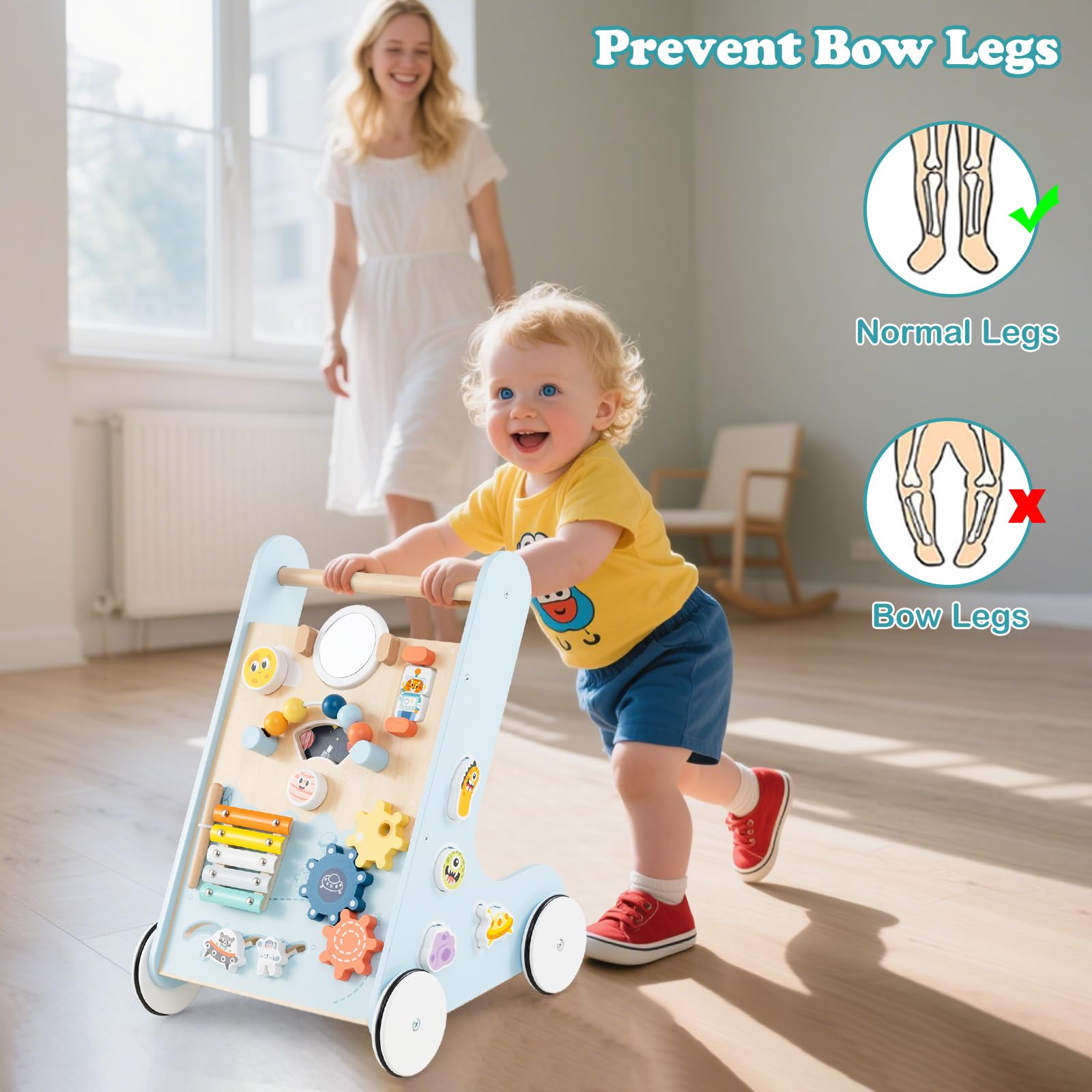 INFANS Wooden Baby Walker, Montessori Walker with Multiple Activity Toys, Storage, Push Walker Toys