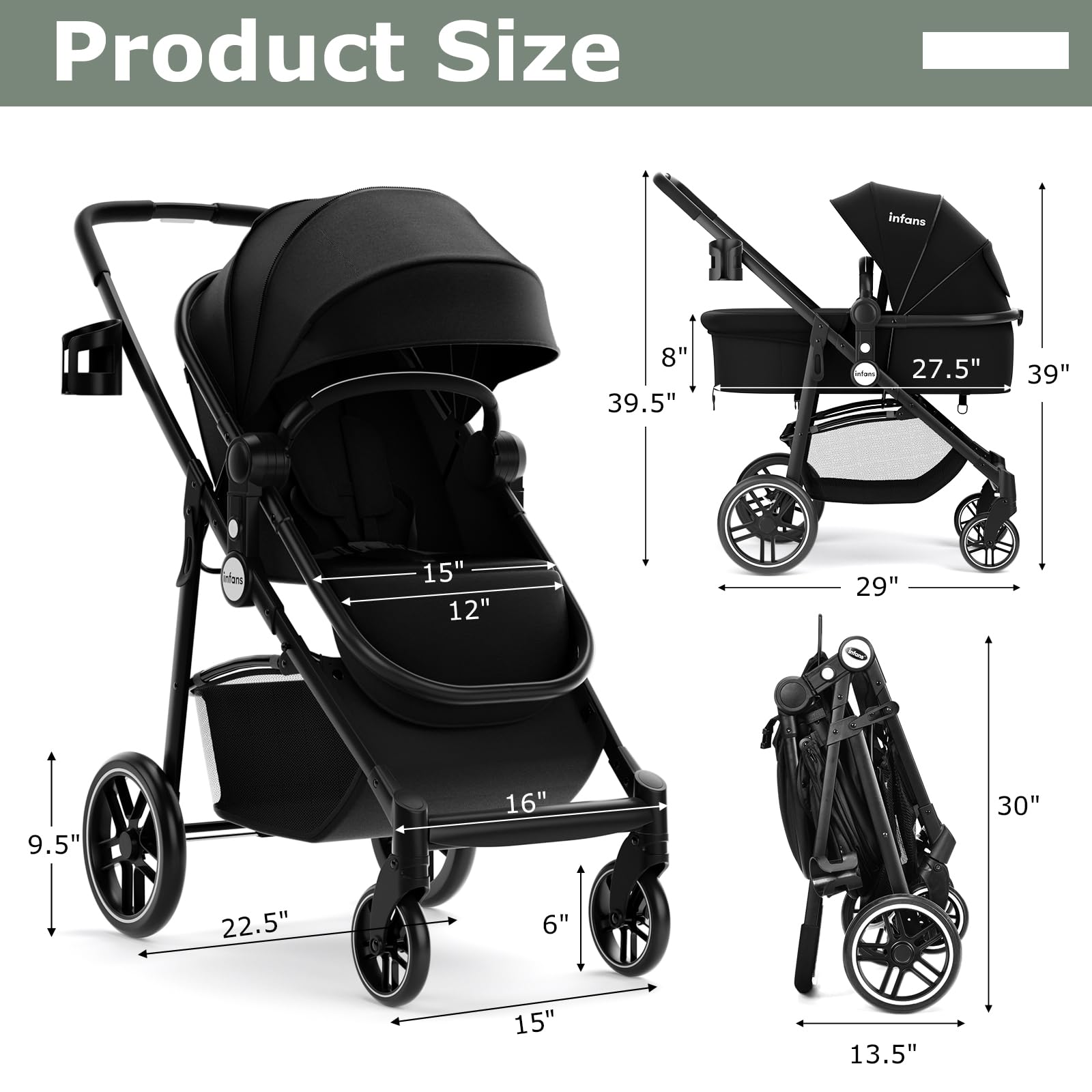 INFANS 2 in 1 Baby Stroller, High Landscape Infant Stroller & Reversible Bassinet Pram, Foldable Pushchair