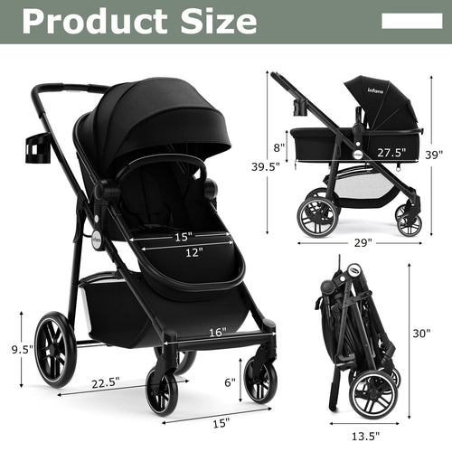 INFANS 2 in 1 Baby Stroller, High Landscape Infant Stroller & Reversible Bassinet Pram, Foldable Pushchair