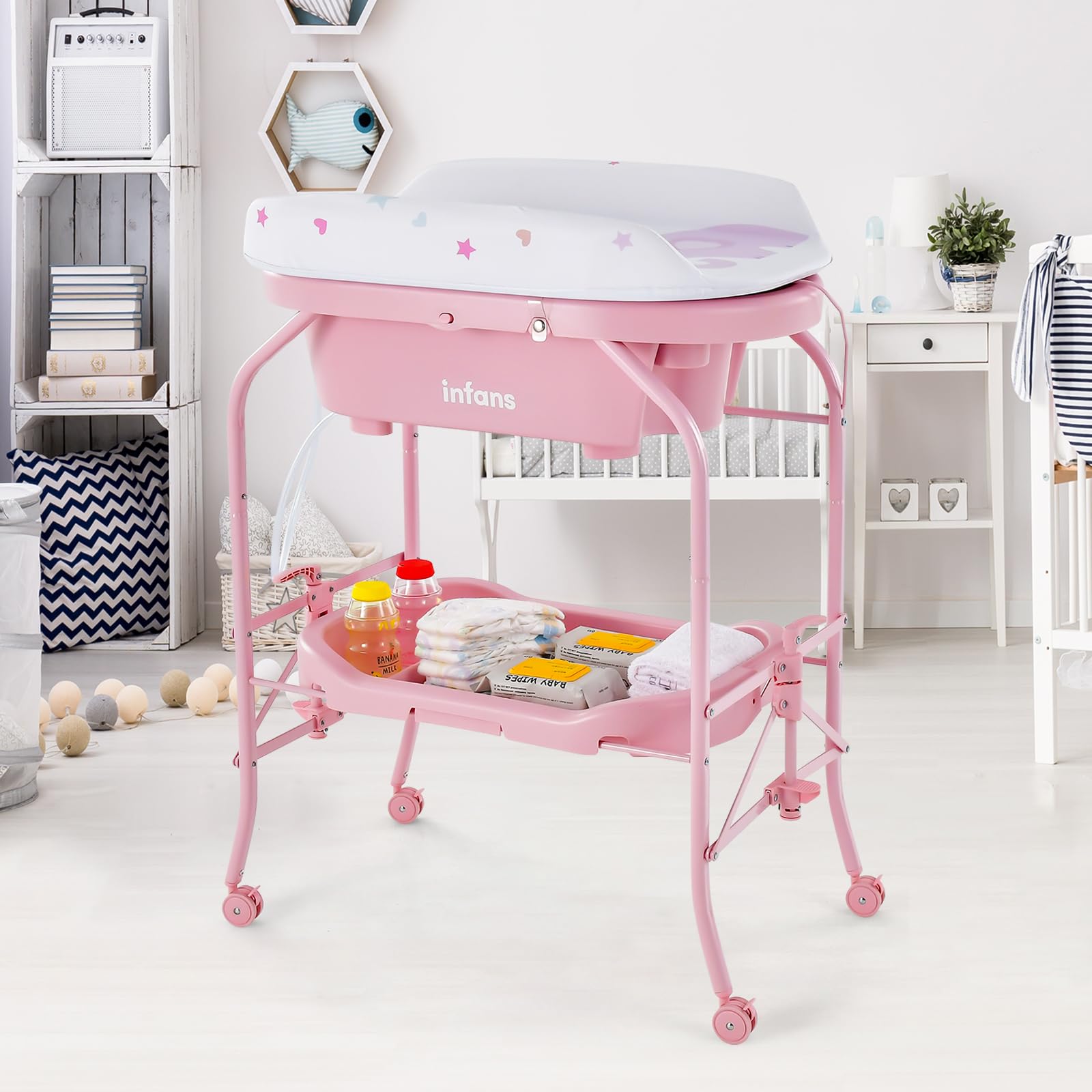 INFANS 2 in 1 Baby Changing Table with Bath Tub Unit, Folding Diaper Dresser Station with Wheels Waterproof