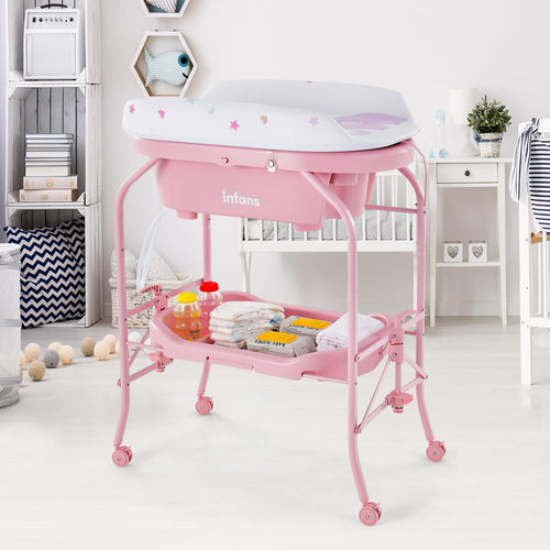 INFANS 2 in 1 Baby Changing Table with Bath Tub Unit, Folding Diaper Dresser Station with Wheels Waterproof