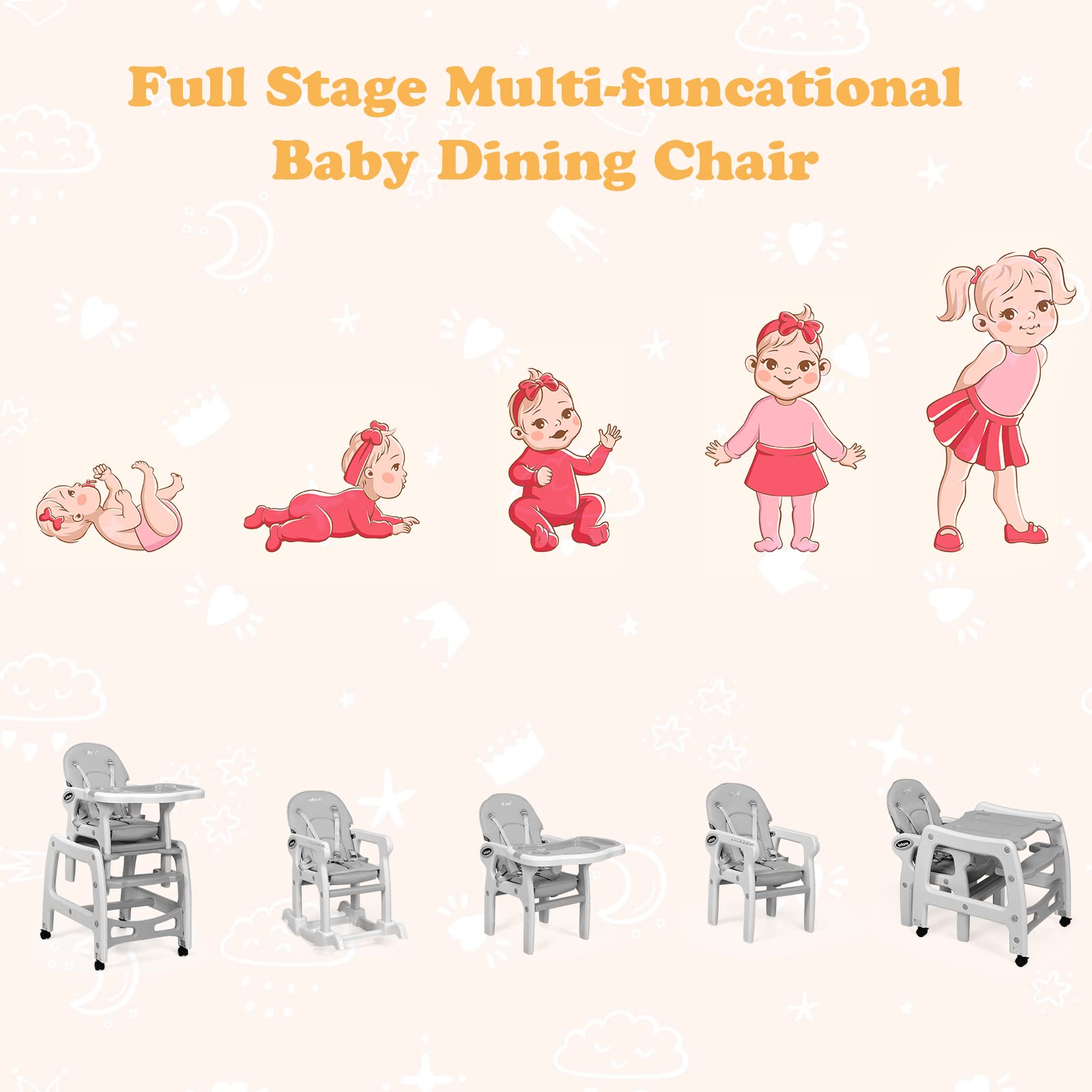 INFANS 5 in 1 Baby High Chair, Convertible Toddler Table Chair Set,  Multi-Function Seat with Lockable Universal Wheels