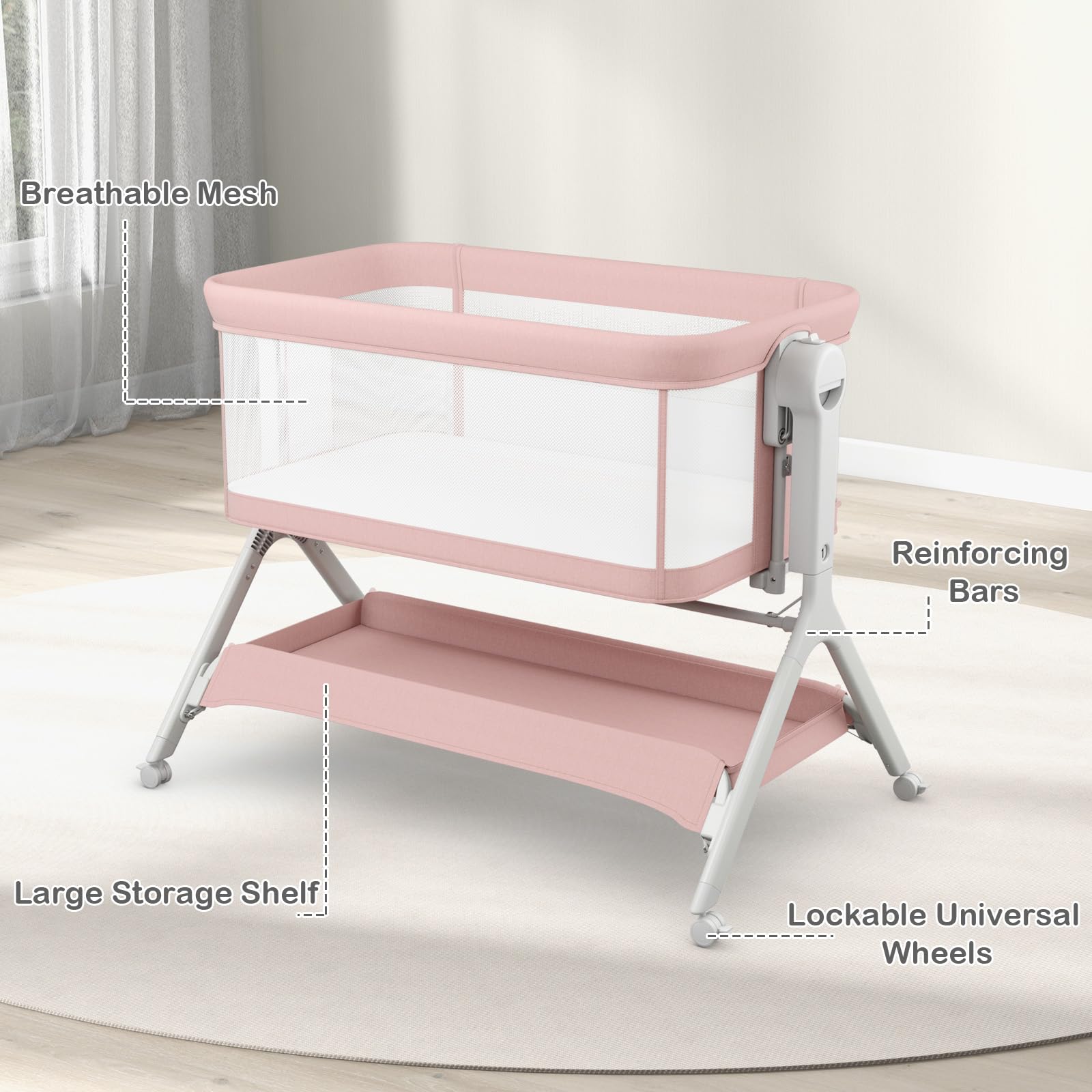 INFANS 5 in 1 Baby Bassinet, Upgraded Flat Rocking Bedside Sleeper with Wheels, Storage Basket, Travel Bag