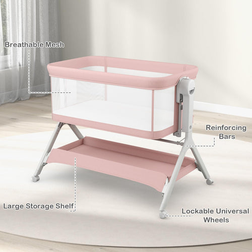 INFANS 5 in 1 Baby Bassinet, Upgraded Flat Rocking Bedside Sleeper with Wheels, Storage Basket, Travel Bag