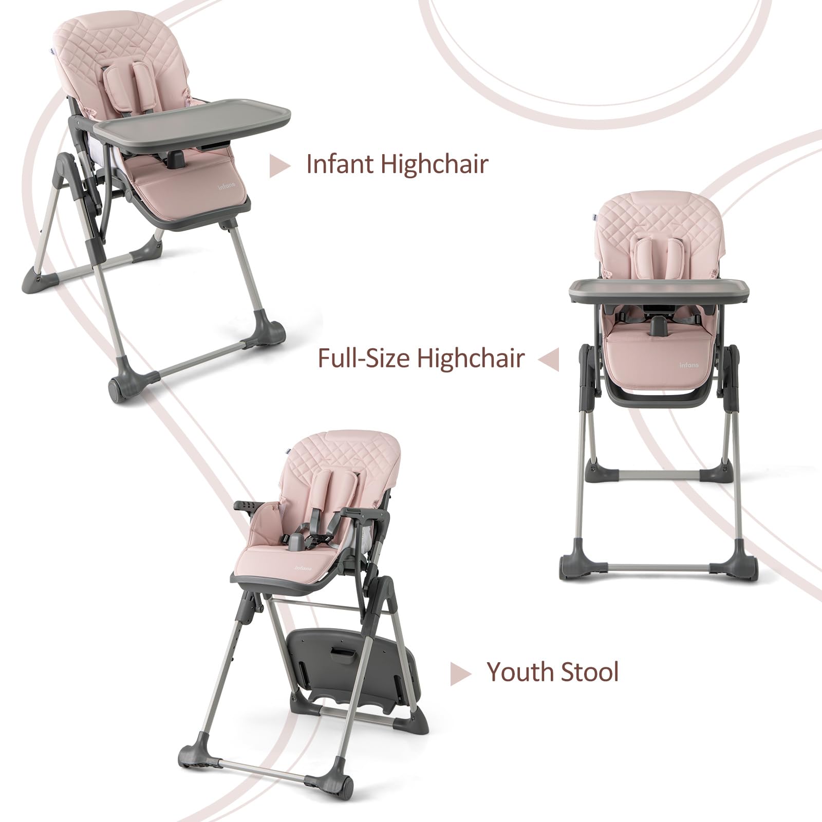 INFANS Baby High Chair, Convertible Quick Folding Portable Highchair with Adjustable Height Backrest Footrest