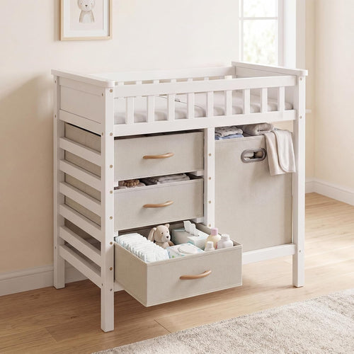 INFANS Wooden Baby Changing Table with 3 Fabric Drawers & Laundry Hamper