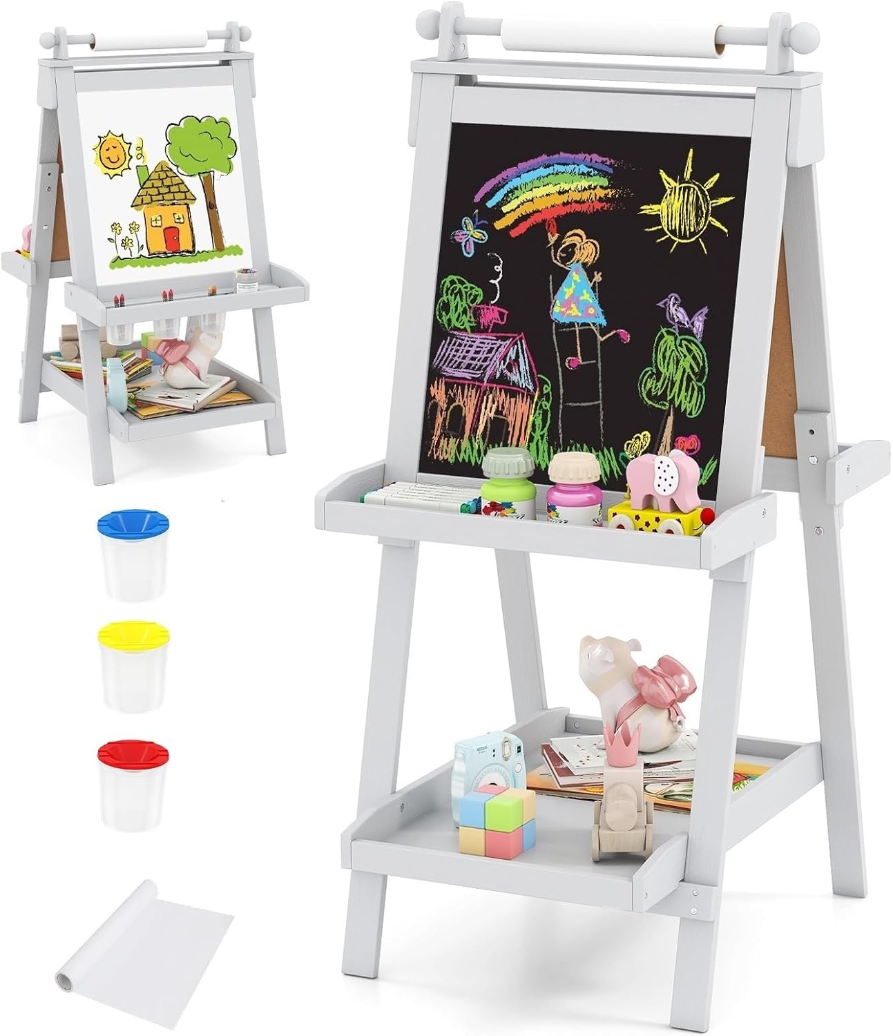 OLAKIDS Easel for Kids, 3 in 1 Adjustable Painting Art Board, Foldable Double-Sided Wooden Drawing Chalkboard Magnetic Whiteboard