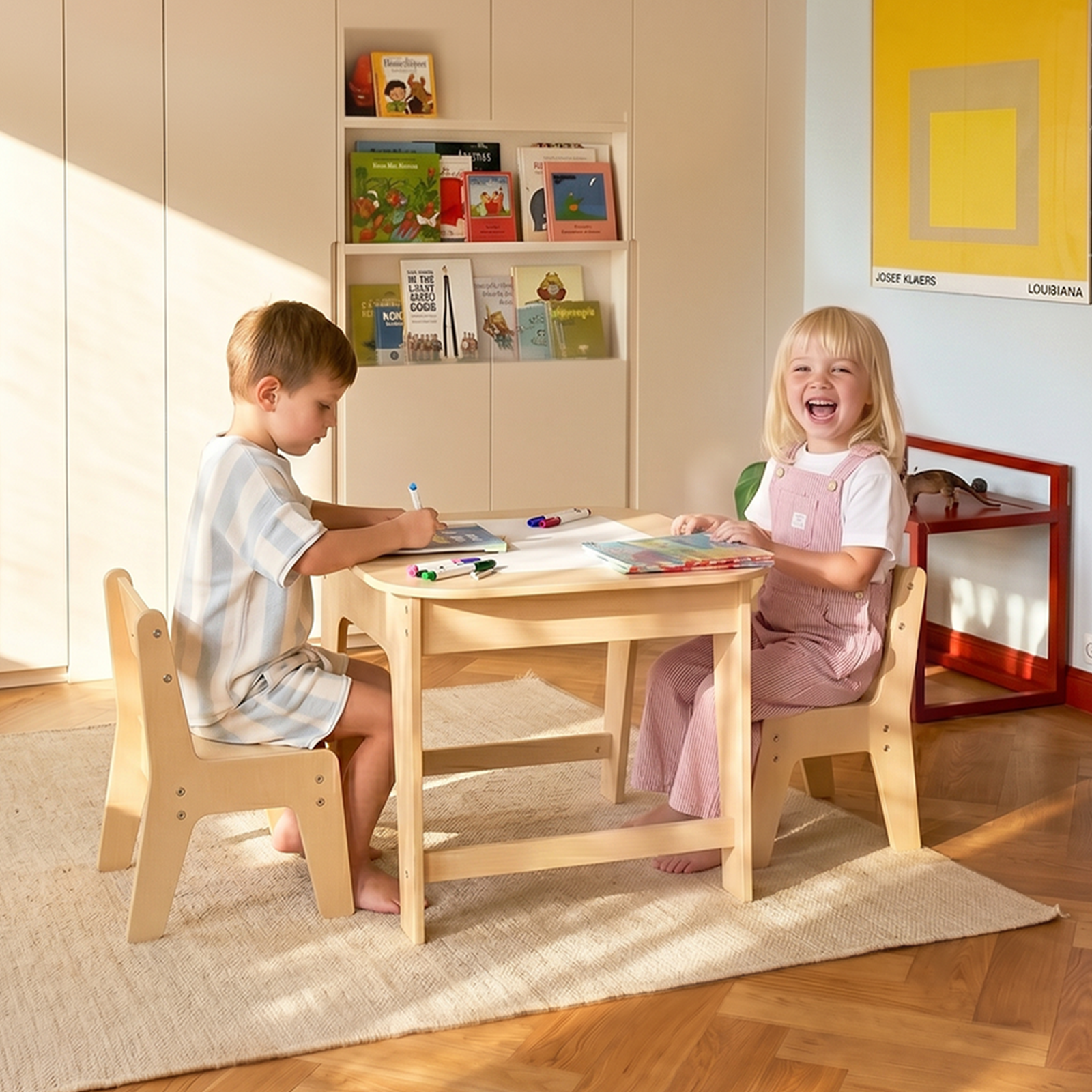 OLAKIDS Kids Table and Chair Set, 3 in 1 Wooden Activity Table with Removable Tabletop, Blackboard and Whiteboard