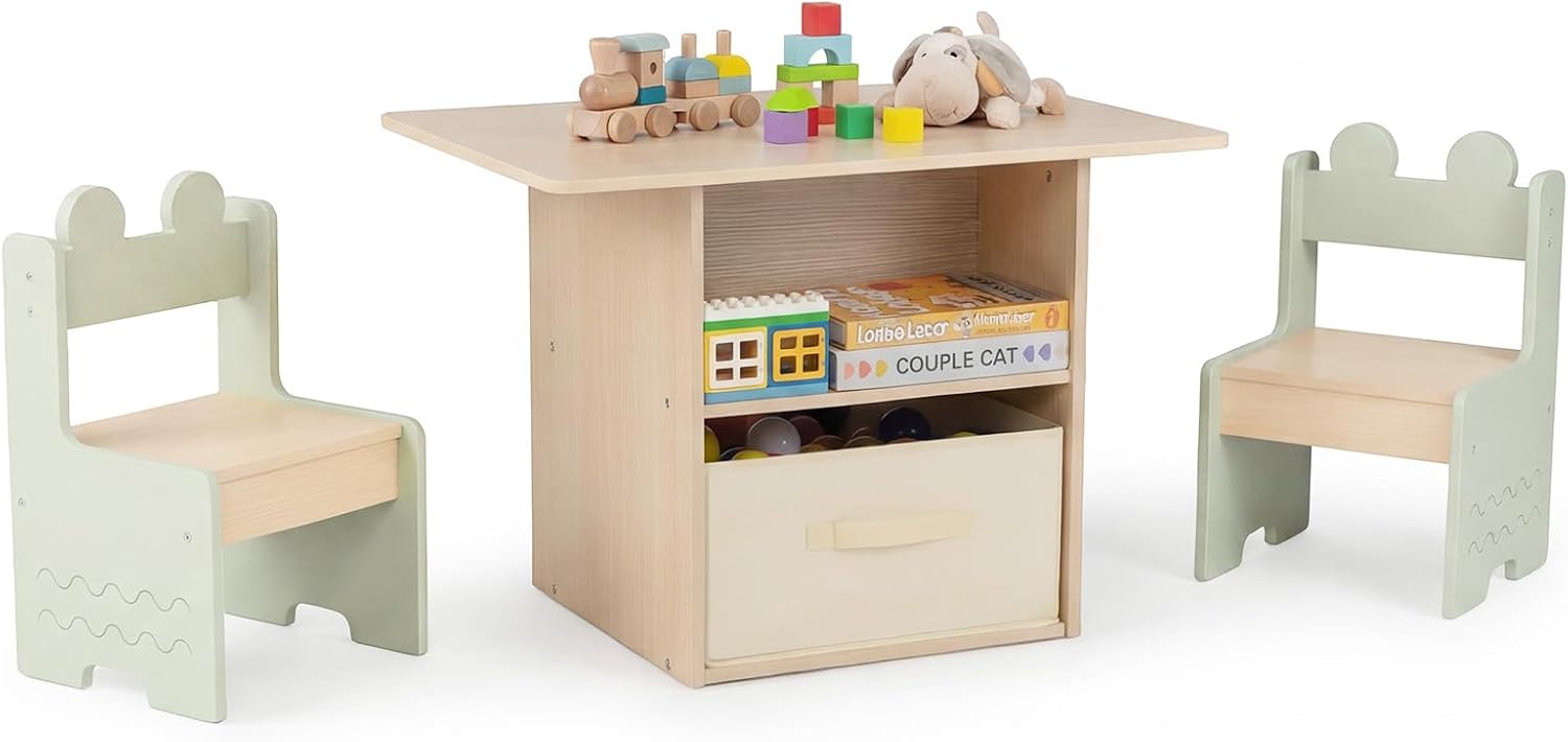 Olakids 4-in-1 Wooden Kids Table & Chair Set, Activity Desk with Foldable Storage, for Art, Drawing, Dining
