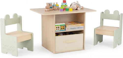 Olakids 4-in-1 Wooden Kids Table & Chair Set, Activity Desk with Foldable Storage, for Art, Drawing, Dining