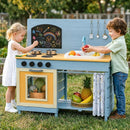 OLAKIDS Wooden Outdoor Mud Kitchen with Sink, Chalkboard & Stove for Kids
