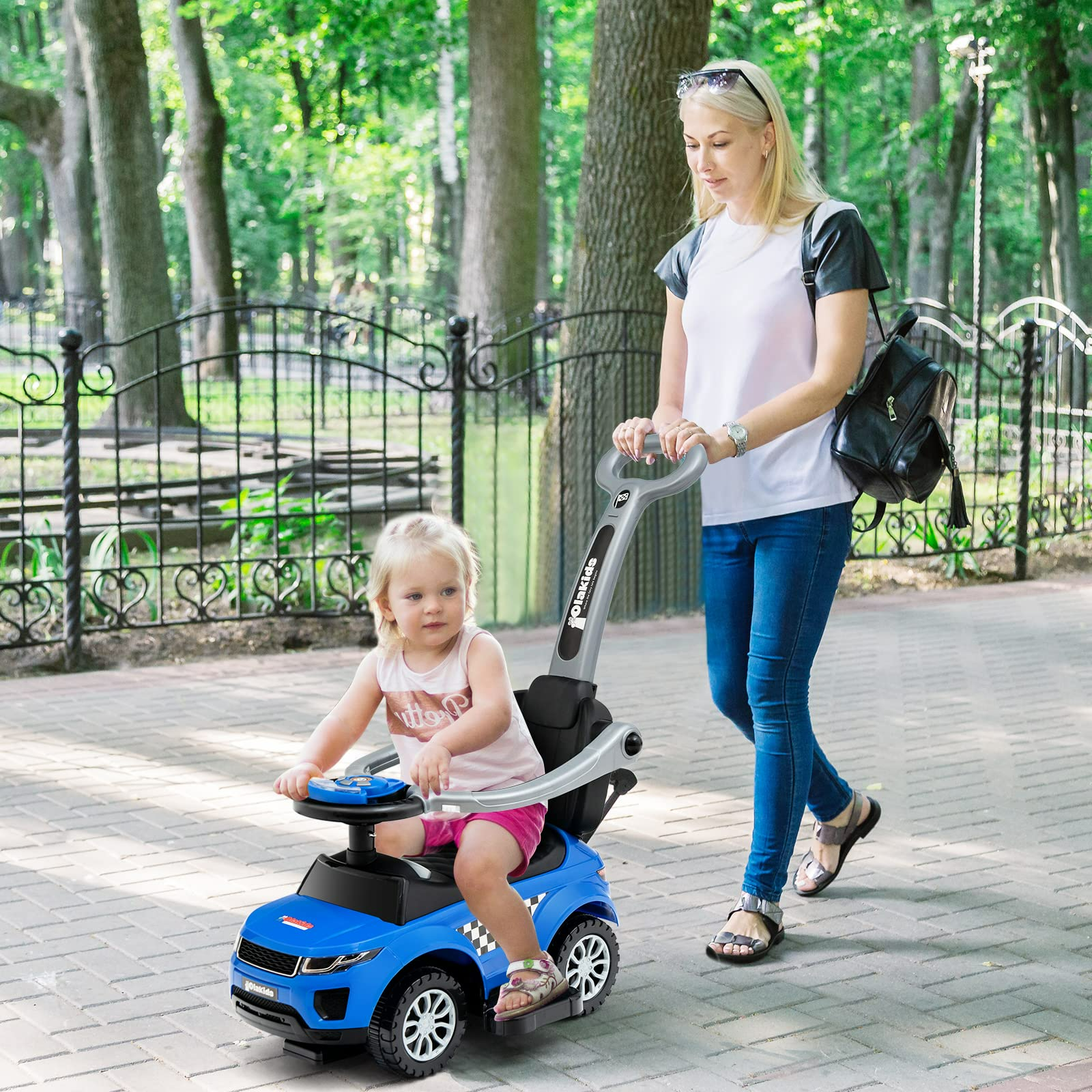 OLAKIDS 4 in 1 Ride on Push Car, Toddlers Stroller Sliding Walking Toy with Horn, Music, Lights, Removable Guardrails and Handle OLAKIDS