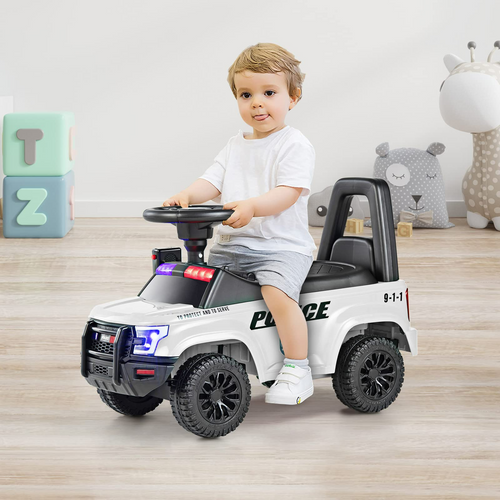 OLAKIDS Ride On Push Police Car, Toddler Foot-to-Floor Sliding Toy with Siren, Steering Wheel, Megaphone, Horn, Headlights, Under Seat Storage OLAKIDS