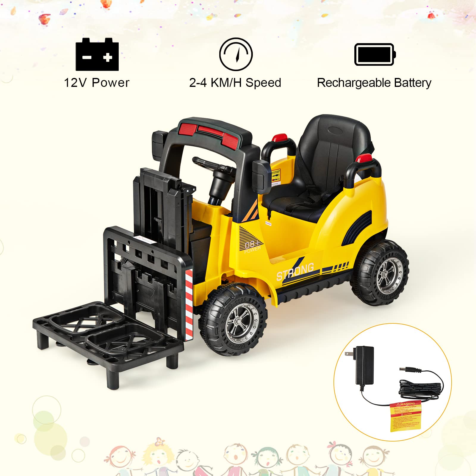 OLAKIDS Ride on Forklift, 12V Kids Electric Vehicle Construction Truck with Remote Control, Liftable Fork and Pallet