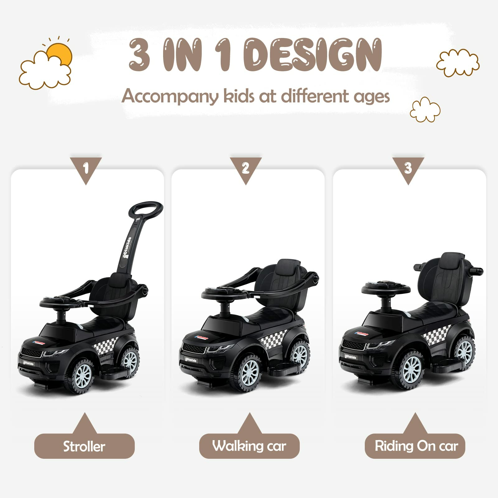 OLAKIDS 4 in 1 Ride on Push Car, Toddlers Stroller Sliding Walking Toy with Horn, Music, Lights, Removable Guardrails and Handle OLAKIDS