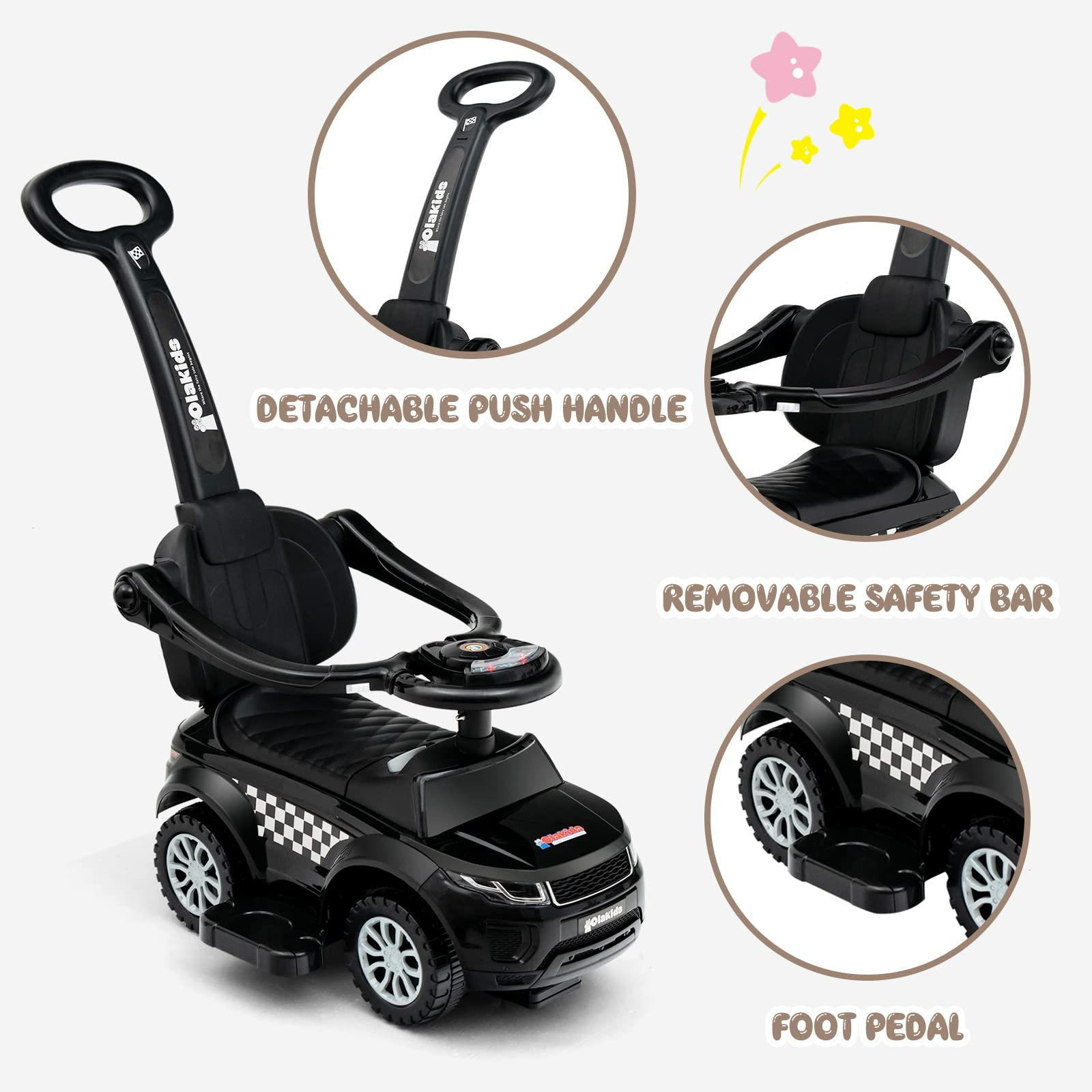 OLAKIDS 4 in 1 Ride on Push Car, Toddlers Stroller Sliding Walking Toy with Horn, Music, Lights, Removable Guardrails and Handle OLAKIDS